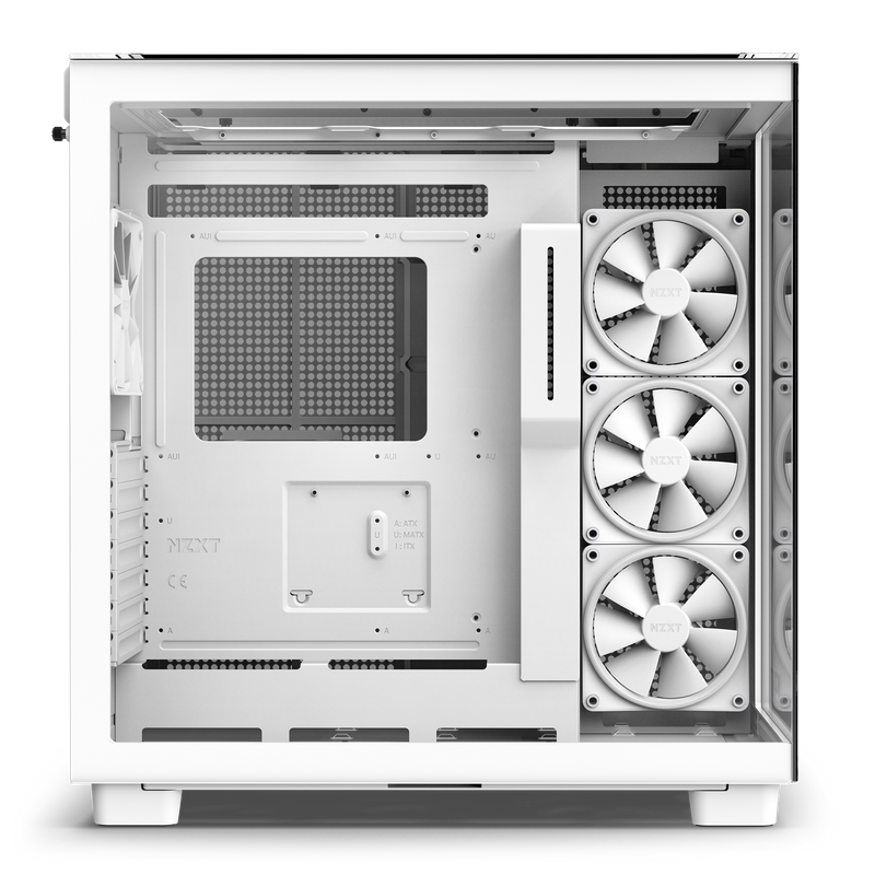 The NZXT Refurbished Player Three Prime - #8572 is a white case with a transparent side, three large front fans, one rear fan, and an empty interior—ideal for building your PC. Comes with a 2-year warranty for peace of mind.