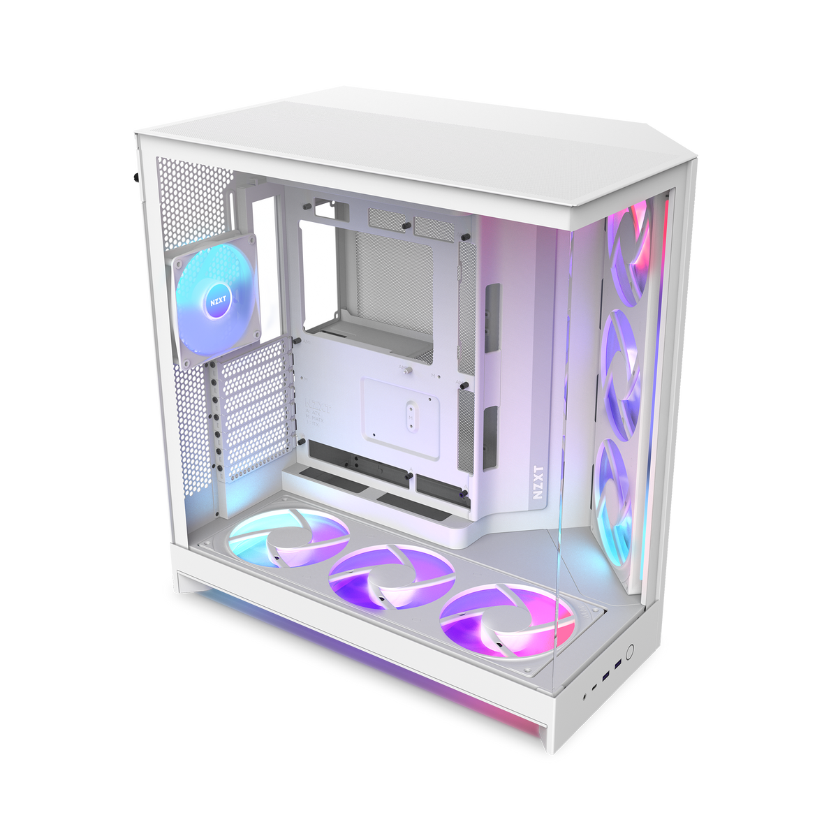 NZXT H9 Flow RGB+ case in white, three-quarter view with RGB fans lit