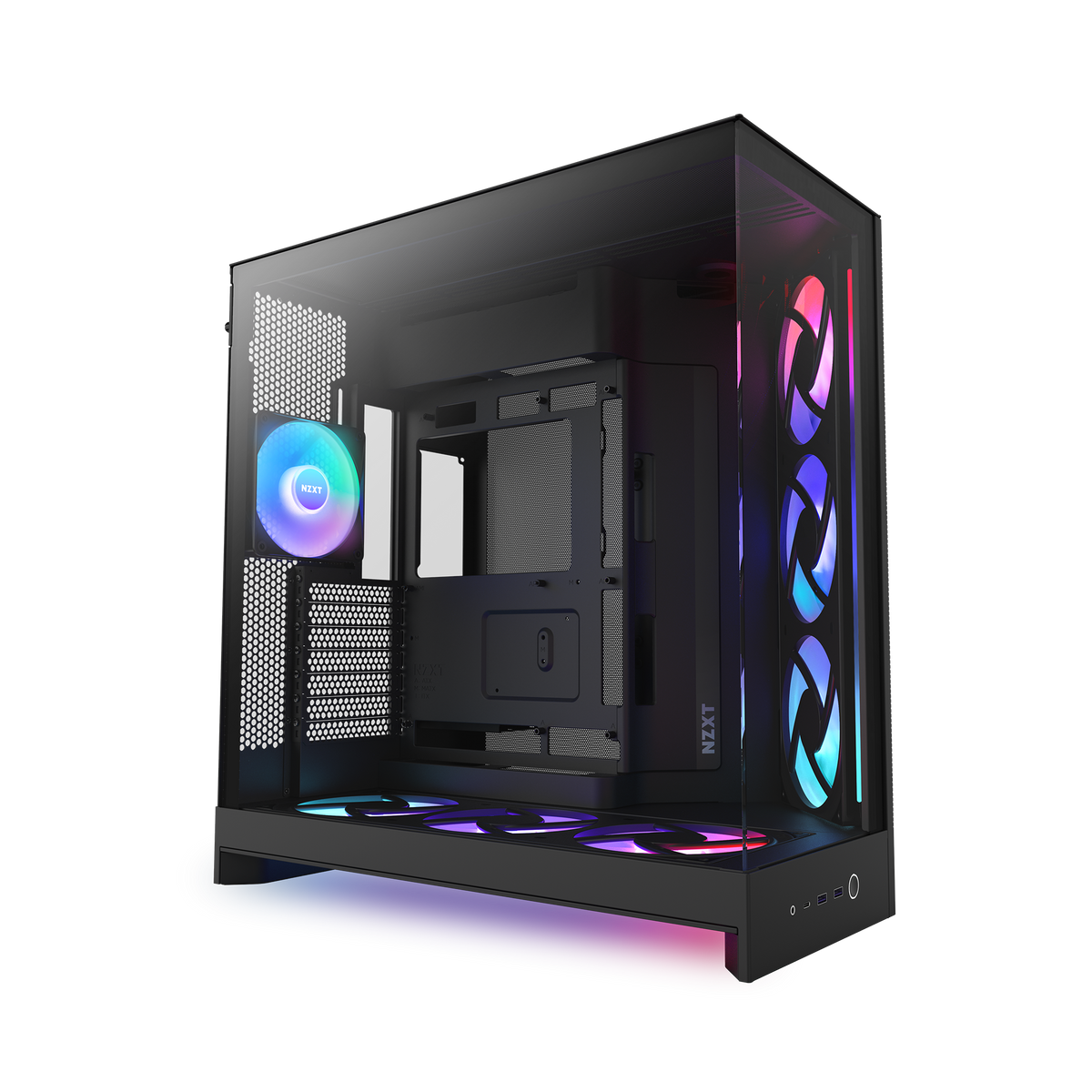 NZXT H9 Flow RGB+ case in black, RGB lighting on, angled view