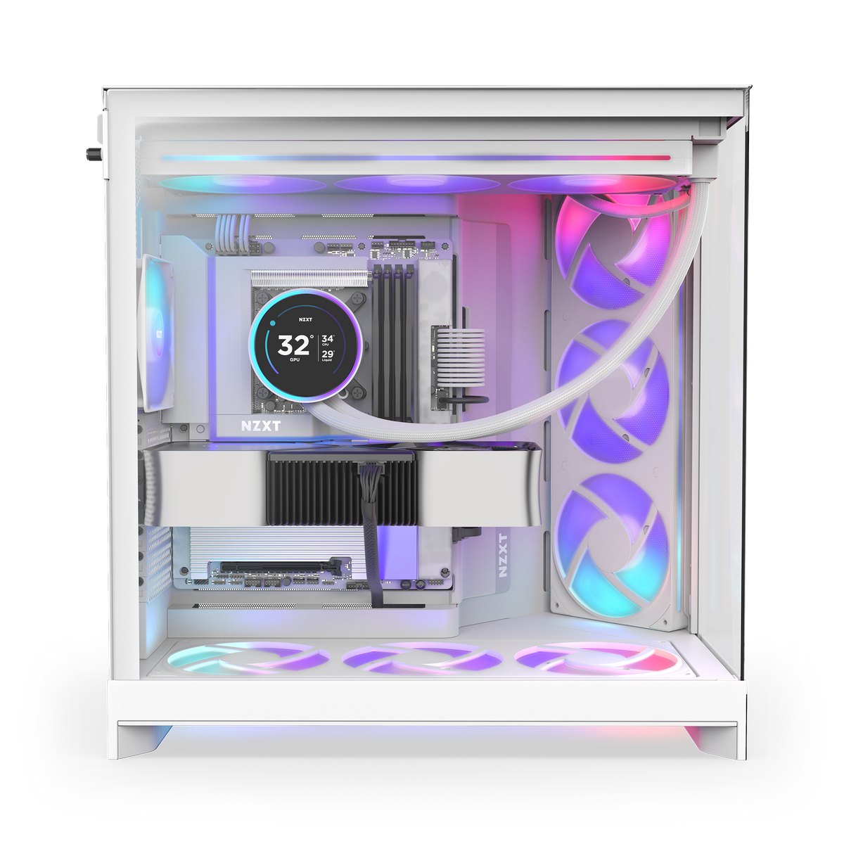 NZXT H9 Flow RGB+ case in white with a completed PC build inside