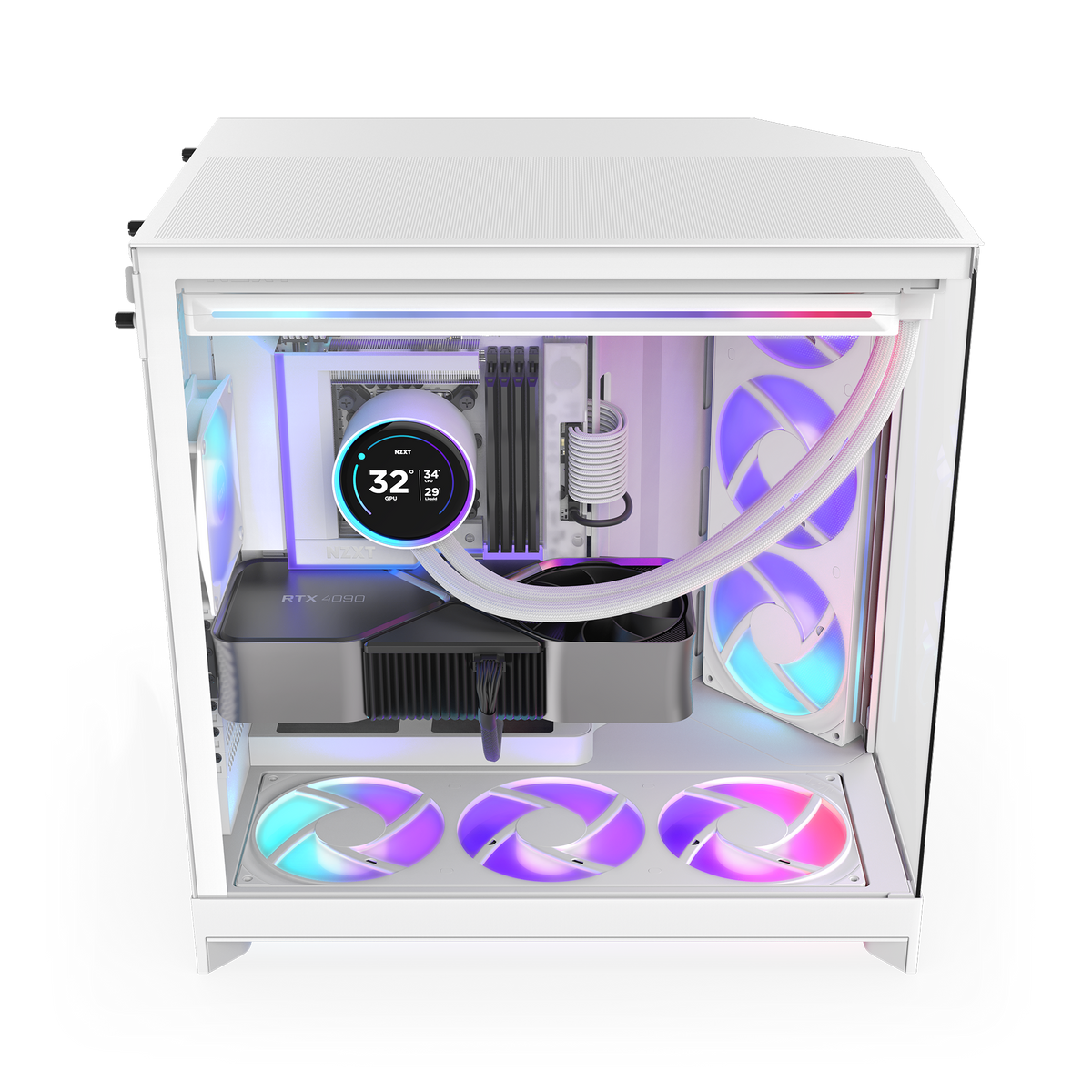 NZXT H9 Flow RGB+ case in white with a completed PC build, angled view
