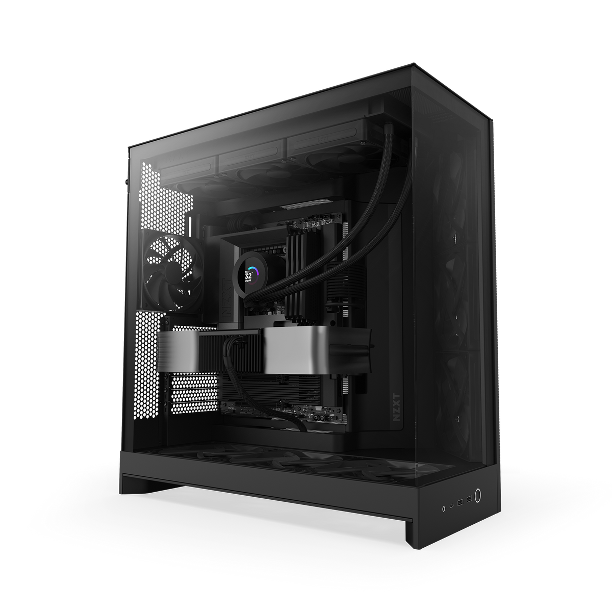 NZXT H9 Flow case in black with a completed PC build, hero view