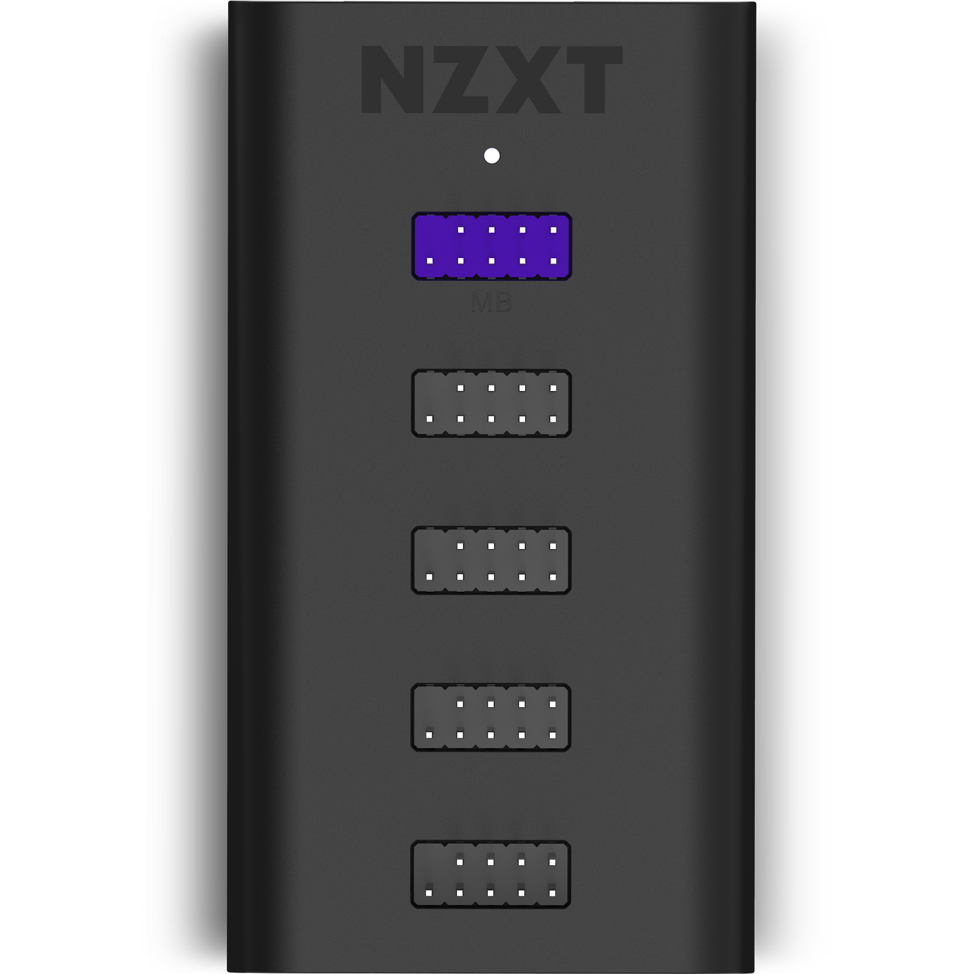 The NZXT Internal USB Hub is a black fan controller featuring one purple port and four black ports vertically aligned below, with the NZXT logo at the top.