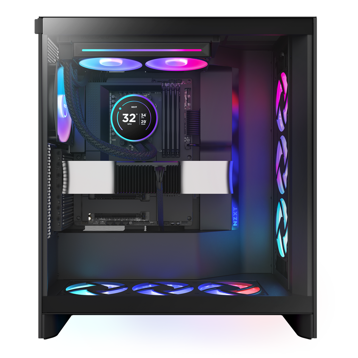NZXT Kraken Elite 240 RGB black shown in a completed build behind tempered glass. Components other than the cooler are sold separately.