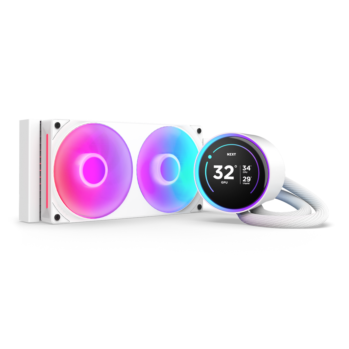 NZXT Kraken Elite 240 RGB white, angled view of the radiator, single-frame RGB fans and pump with the 2.72-inch LCD