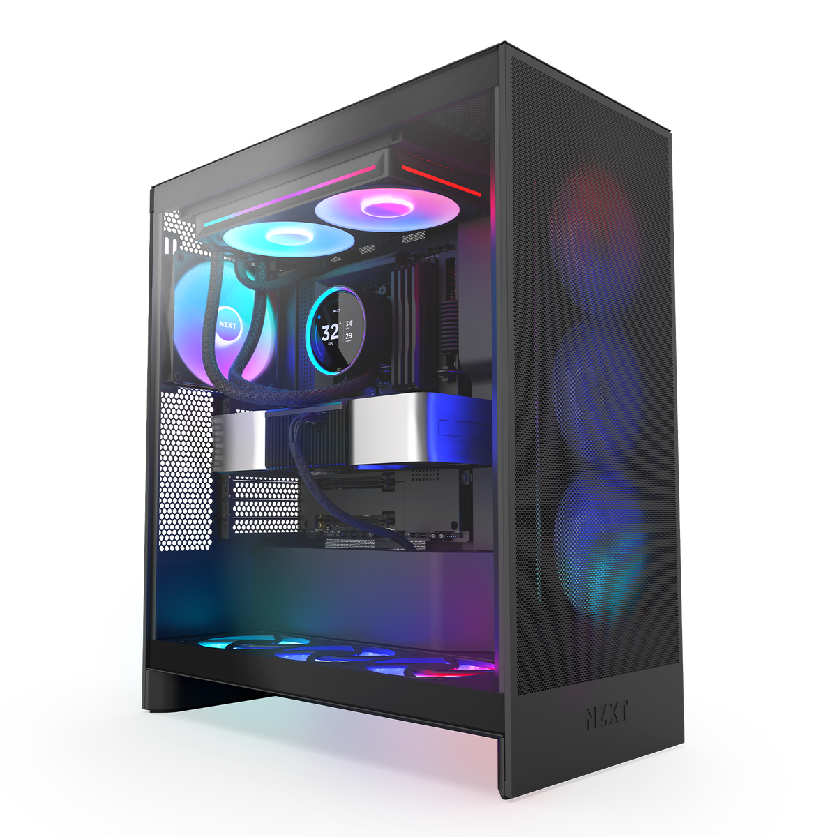 NZXT Kraken Elite 280 RGB black shown at an angle in a completed build behind tempered glass. Components other than the cooler are sold separately.
