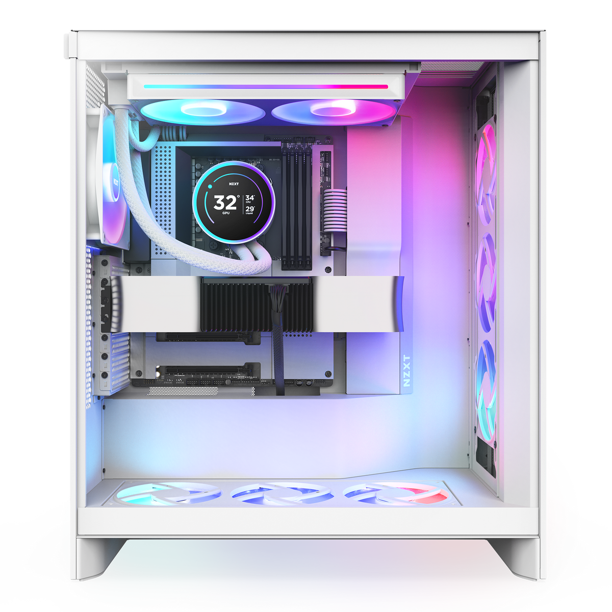 NZXT Kraken Elite 280 RGB white shown in a completed build behind tempered glass. Components other than the cooler are sold separately.