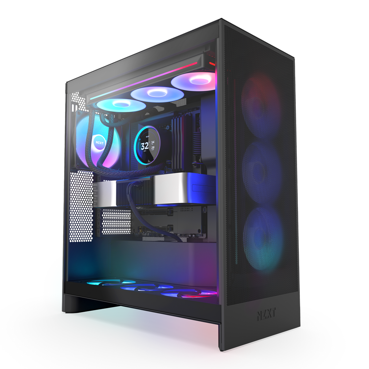 NZXT Kraken Elite 360 RGB black shown at an angle in a completed build behind tempered glass. Components other than the cooler are sold separately.