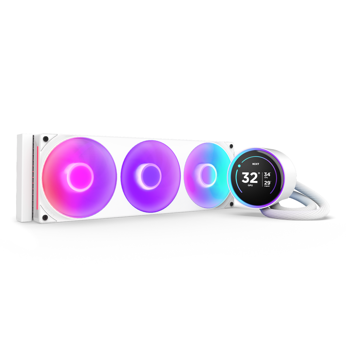 NZXT Kraken Elite 360 RGB white, angled view of the radiator, single-frame RGB fans and pump with the 2.72-inch LCD