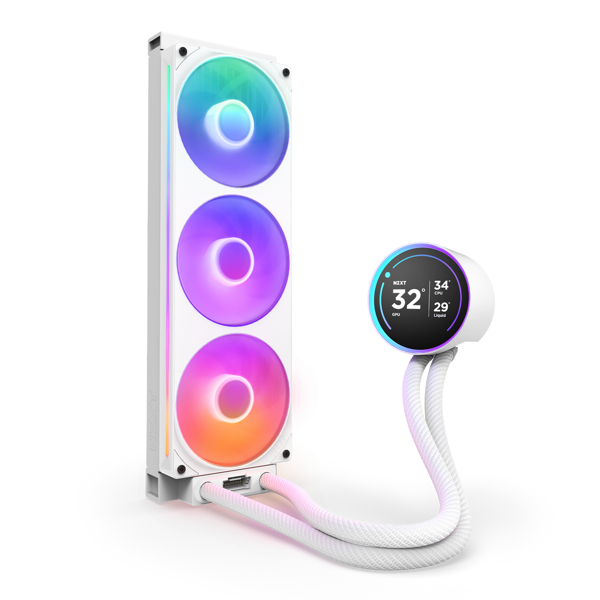 NZXT Kraken Elite 360 RGB white, mounted vertically to show the radiator and braided tubing