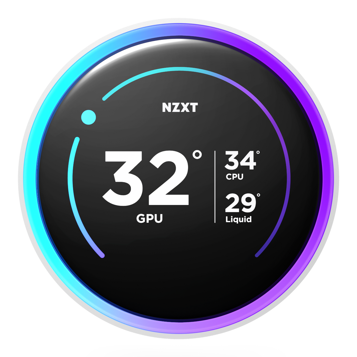 NZXT Kraken Elite 360 RGB white, front view of the pump cap and its 2.72-inch LCD