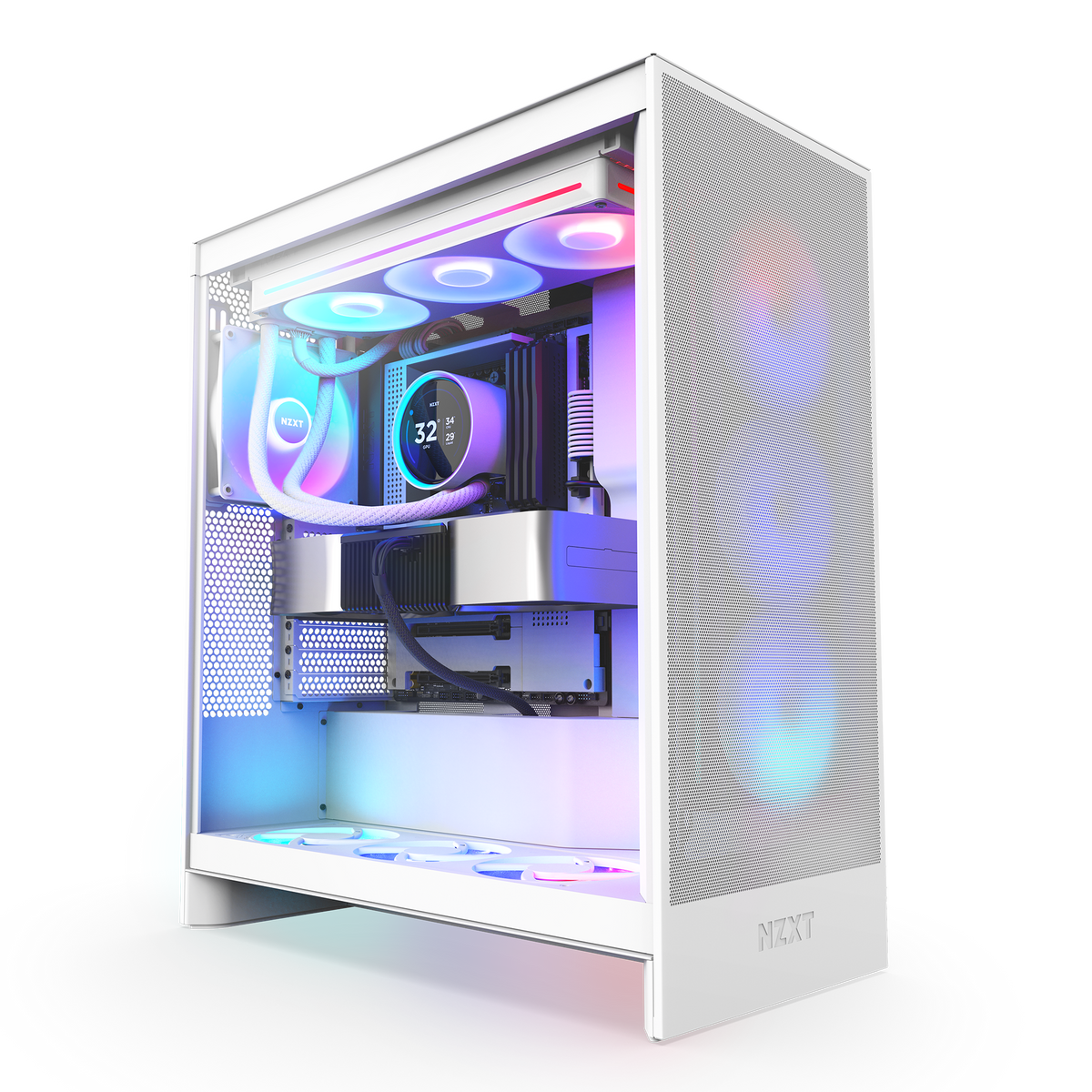 NZXT Kraken Elite 360 RGB white shown at an angle in a completed build behind tempered glass. Components other than the cooler are sold separately.