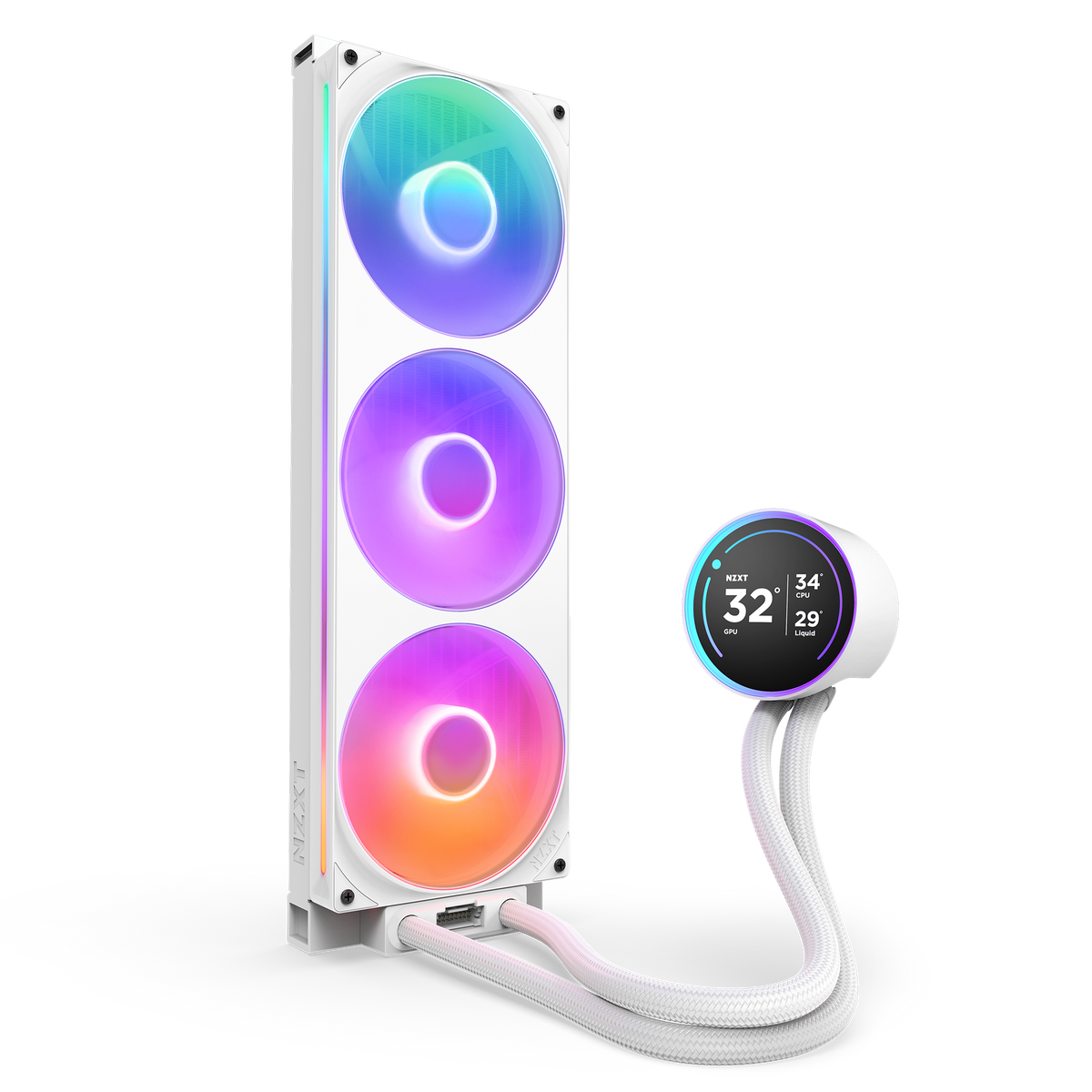 NZXT Kraken Elite 420 RGB white, vertical view with LCD display