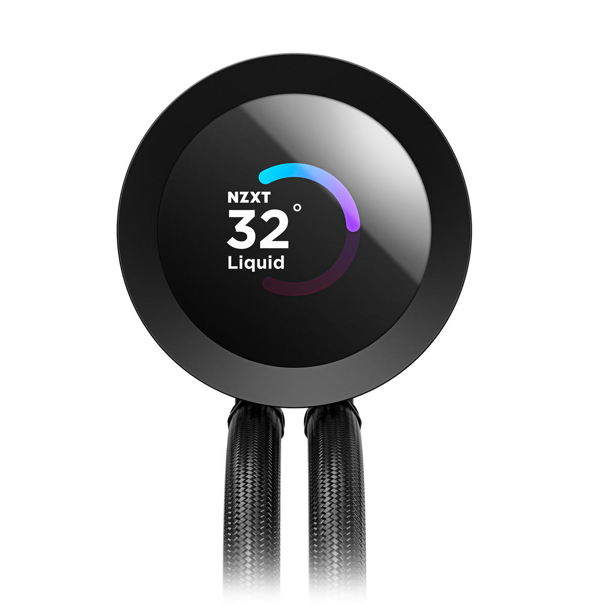 NZXT Kraken Plus 240 RGB black, front view of the pump cap and its round LCD display