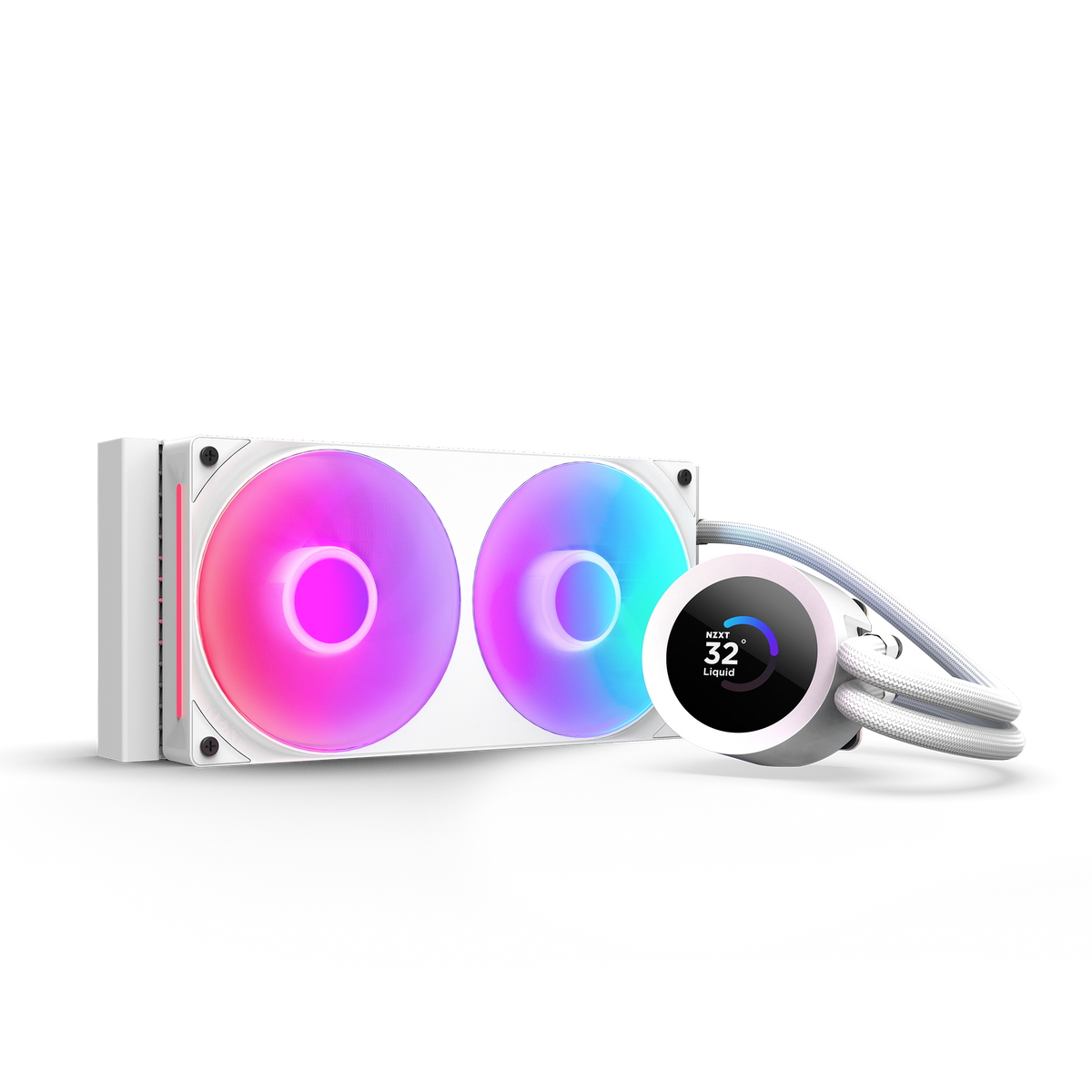NZXT Kraken Plus 240 RGB white, hero angle of the radiator, pump and braided tubing with RGB lighting on