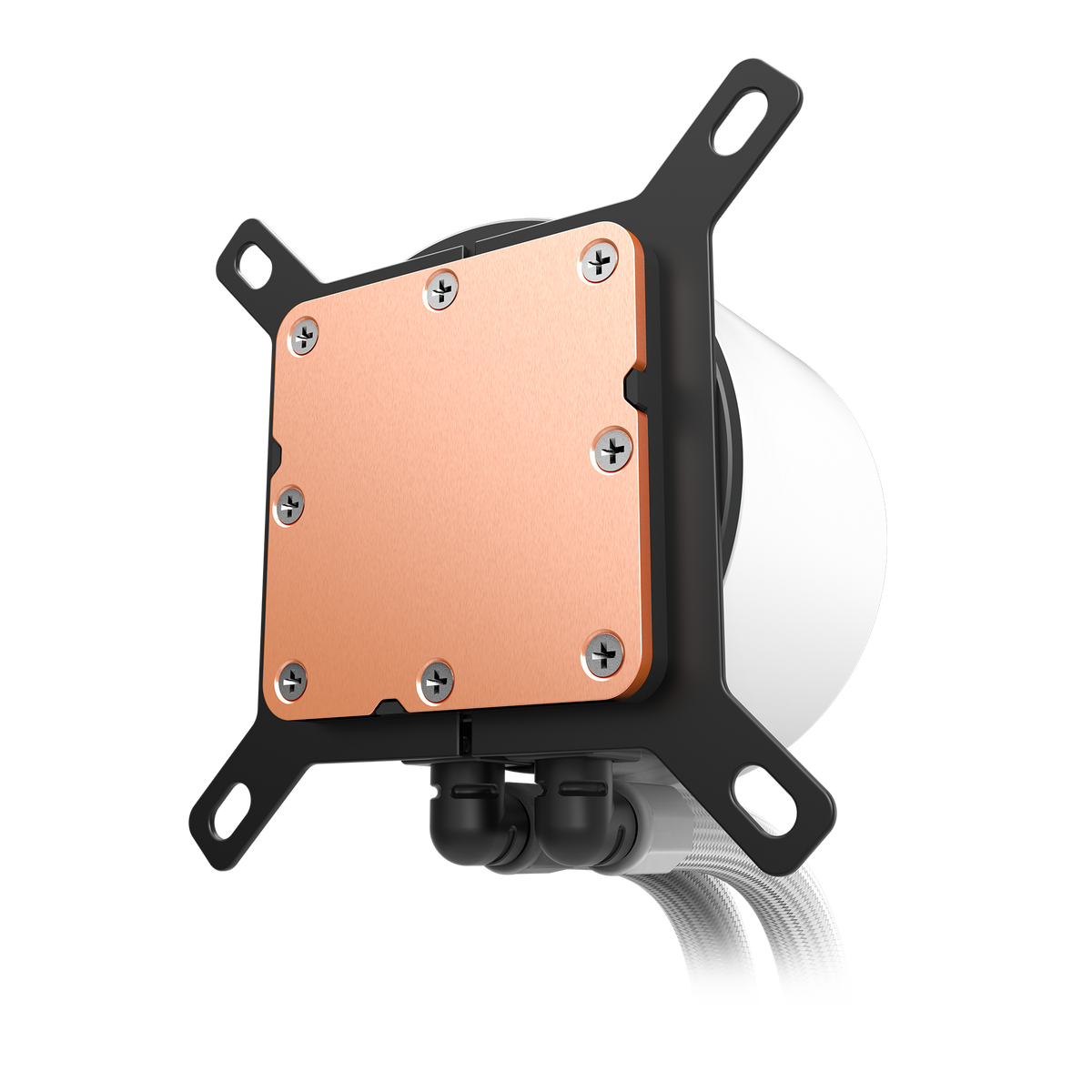NZXT Kraken Plus 240 RGB white, underside of the pump showing the copper cold plate