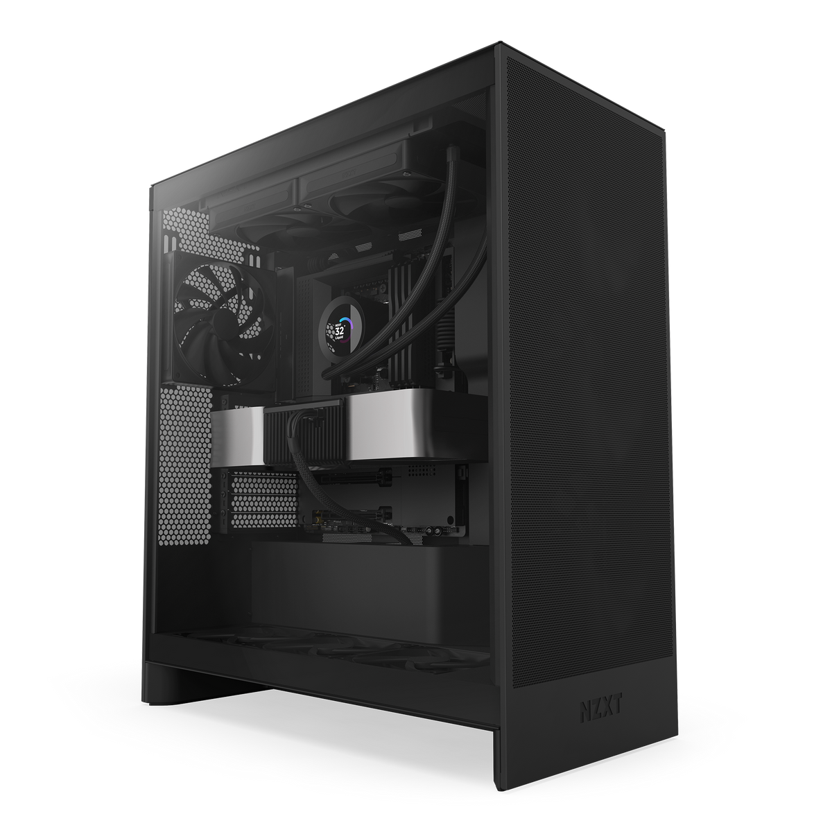 NZXT Kraken Plus 280 black shown in a completed build behind tempered glass. Components other than the cooler are sold separately.