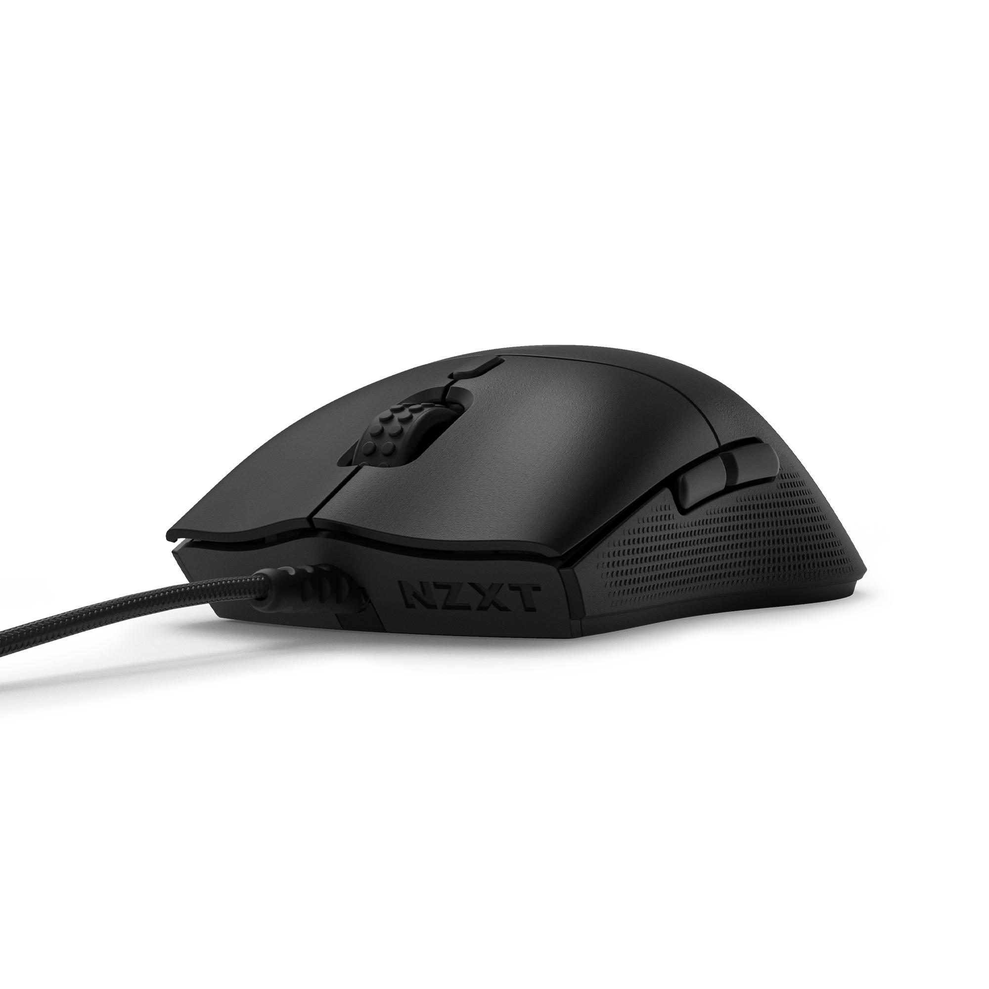 The NZXT Lift 2 Symm wired mouse, featuring textured grips, two side buttons, precise optical switches, and the NZXT logo on the lower side, is shown on a black background alongside the Function 2 keyboard.