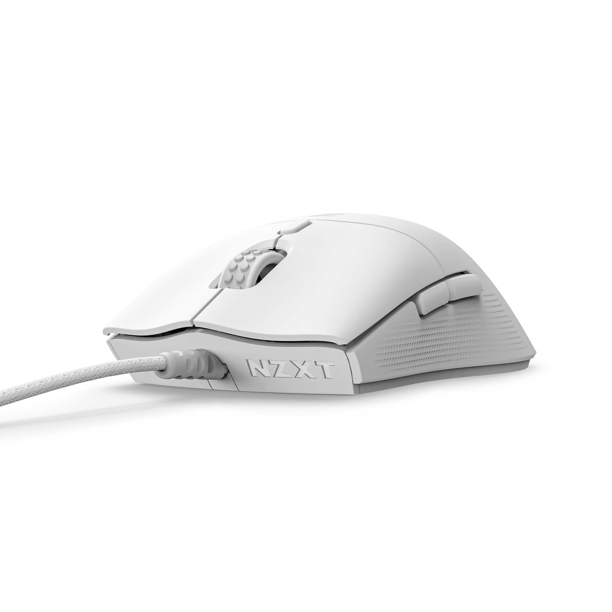 A white NZXT Lift 2 Symm mouse with textured scroll wheel and side buttons is shown from a low front angle against a black background. The NZXT logo is visible, highlighting its precision optical switches. Product: Function 2 + Lift 2 Symm.