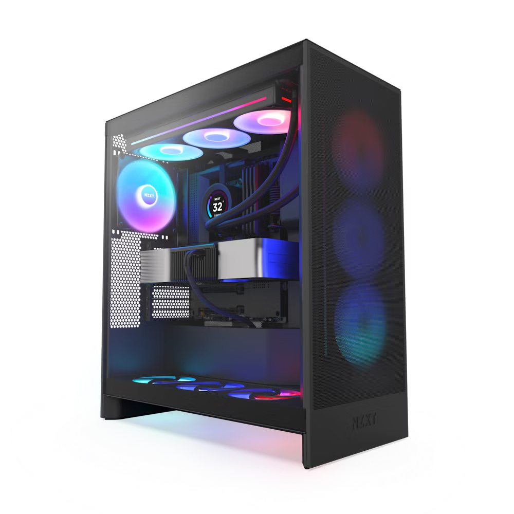 A modern desktop gaming PC with a transparent side panel, RGB lighting illuminating fans, cooling system, and internal components, all housed in a sleek black NZXT case.