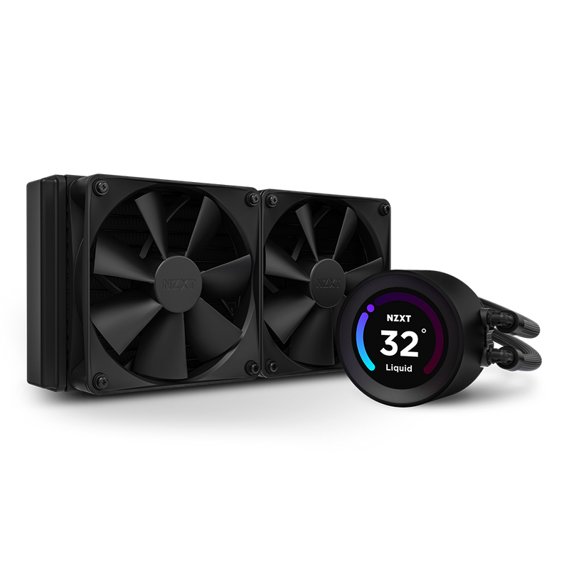 The NZXT Kraken Elite 240 (2023) is a black liquid CPU cooler featuring dual large fans, tubing for PC connection, and a round display showing the liquid temperature at 32°C.
