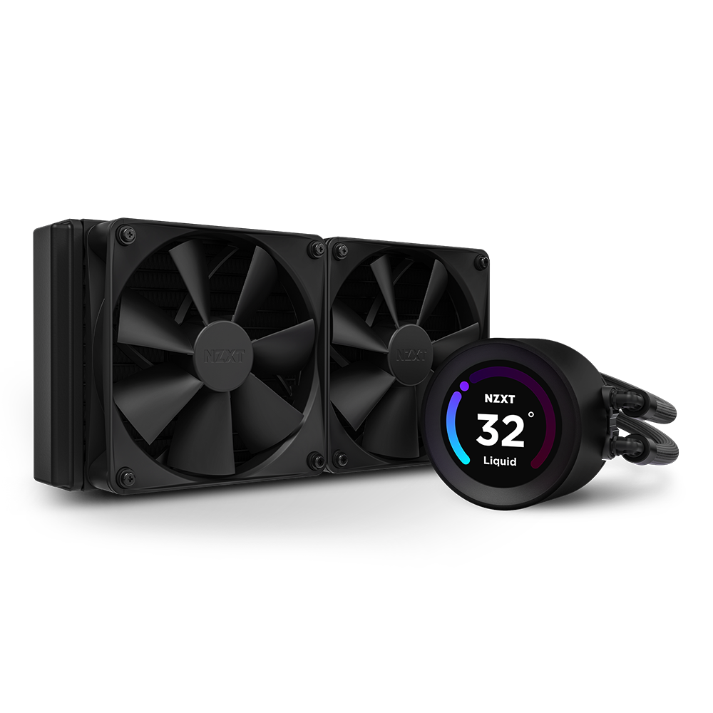 The NZXT Kraken Elite 240 (2023) is a black liquid CPU cooler featuring dual large fans, tubing for PC connection, and a round display showing the liquid temperature at 32°C.