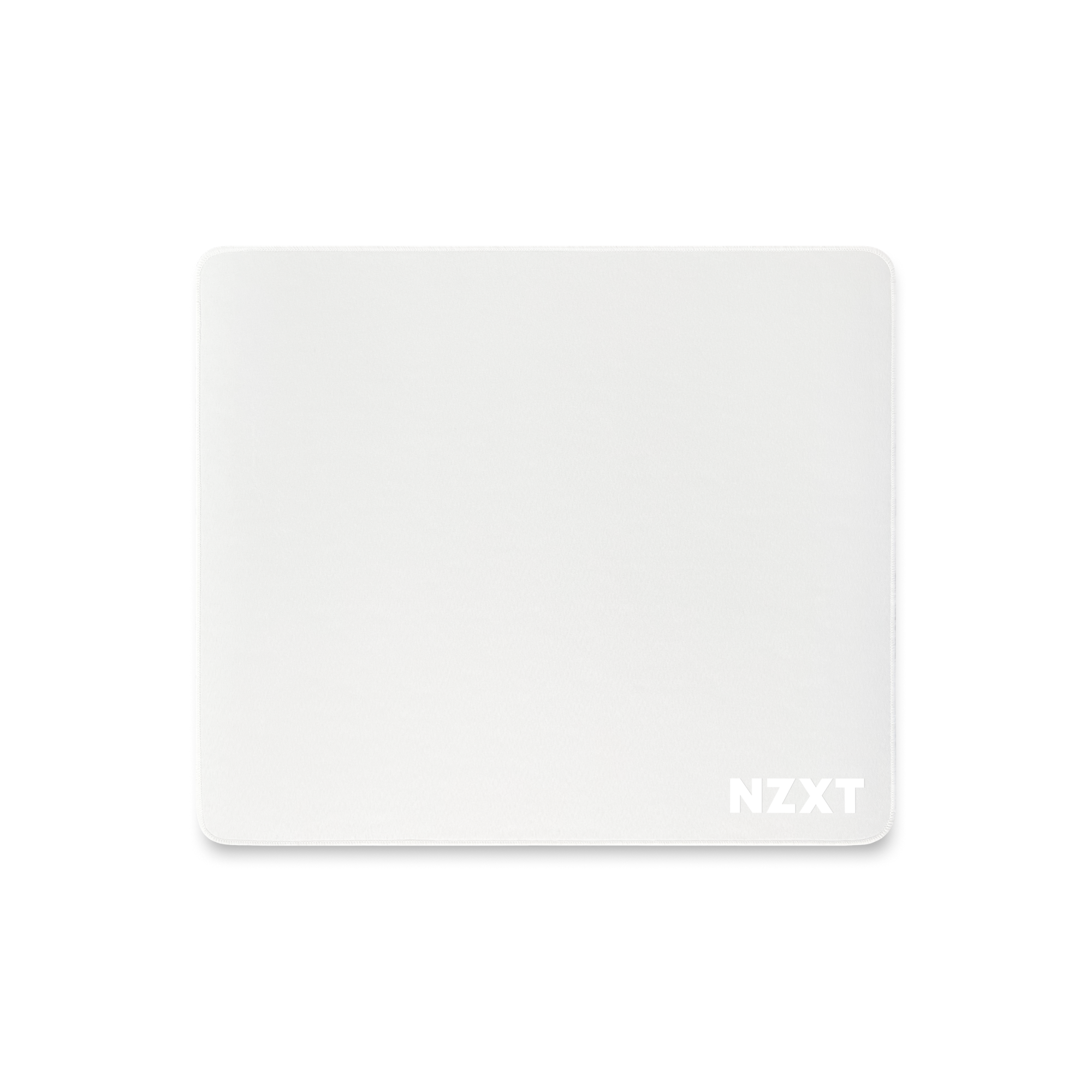 The NZXT MMP400 is a rectangular white mousepad with rounded corners and the NZXT logo in white on the bottom right. It features a low-friction surface and is displayed on a plain black background.
