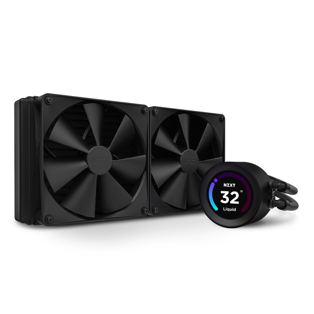 The NZXT Kraken Elite 280 (2023) is a black liquid CPU cooler with dual large fans and a wide-angle LCD showing 32° Liquid in white. This sleek unit features visible tubes for optimal system cooling.