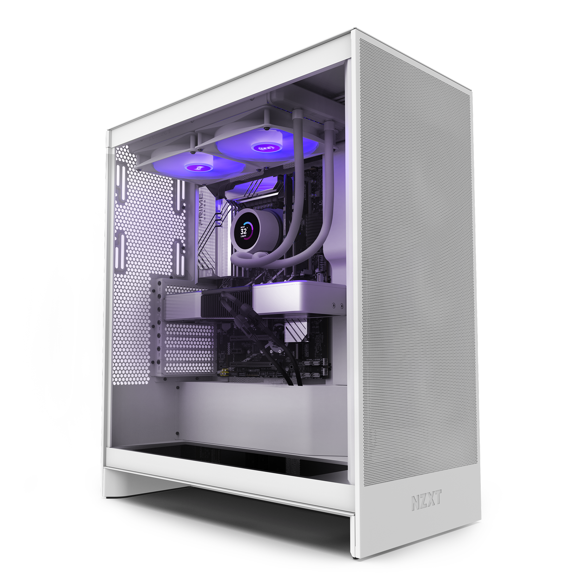 The Refurbished Player Three Base - #8695 by NZXT is a white computer tower with a transparent side panel, showing RGB-lit fans and a purple-lit liquid cooler inside—ideal for anyone seeking a quality prebuilt PC.