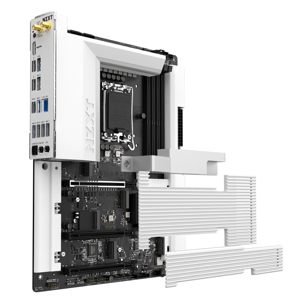 The NZXT N7 Z890 is a white motherboard with PCIe 5.0 support for Intel Core Ultra CPUs, shown angled on a black background with an exposed CPU socket, multiple ports and slots, and large heatsinks.