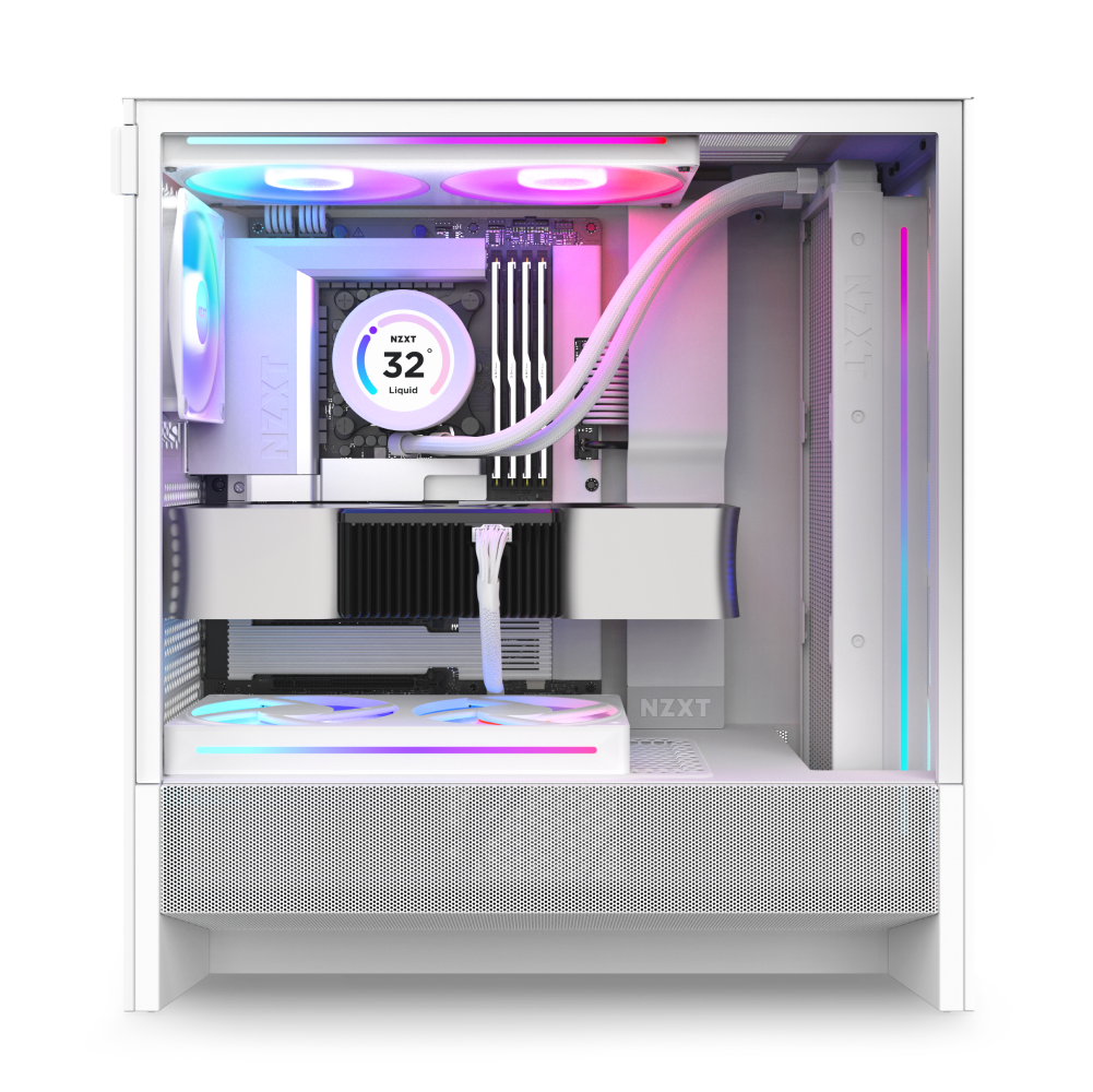 The NZXT N7 Z890 is a white computer case with RGB lighting, liquid cooling, three illuminated fans, and a digital display showing 32°C. Its clean interior reveals tidy cables, motherboard, GPU, and supports PCIe 5.0 for advanced gaming.