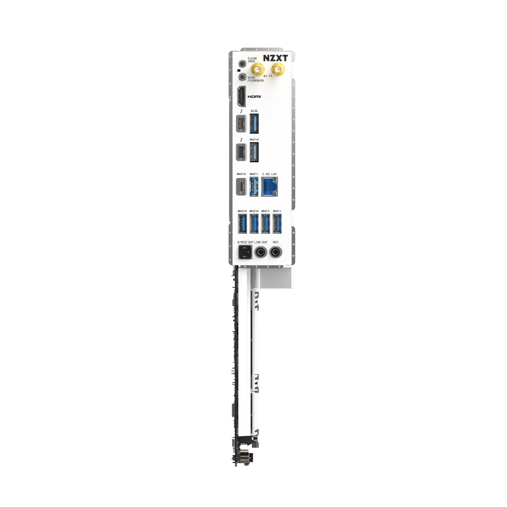 The NZXT N7 Z890 is a vertical motherboard with PCIe 5.0, offering USB, HDMI, DisplayPort, Ethernet, audio jacks, and antenna connectors in a slim white design with black accents for advanced gaming performance.