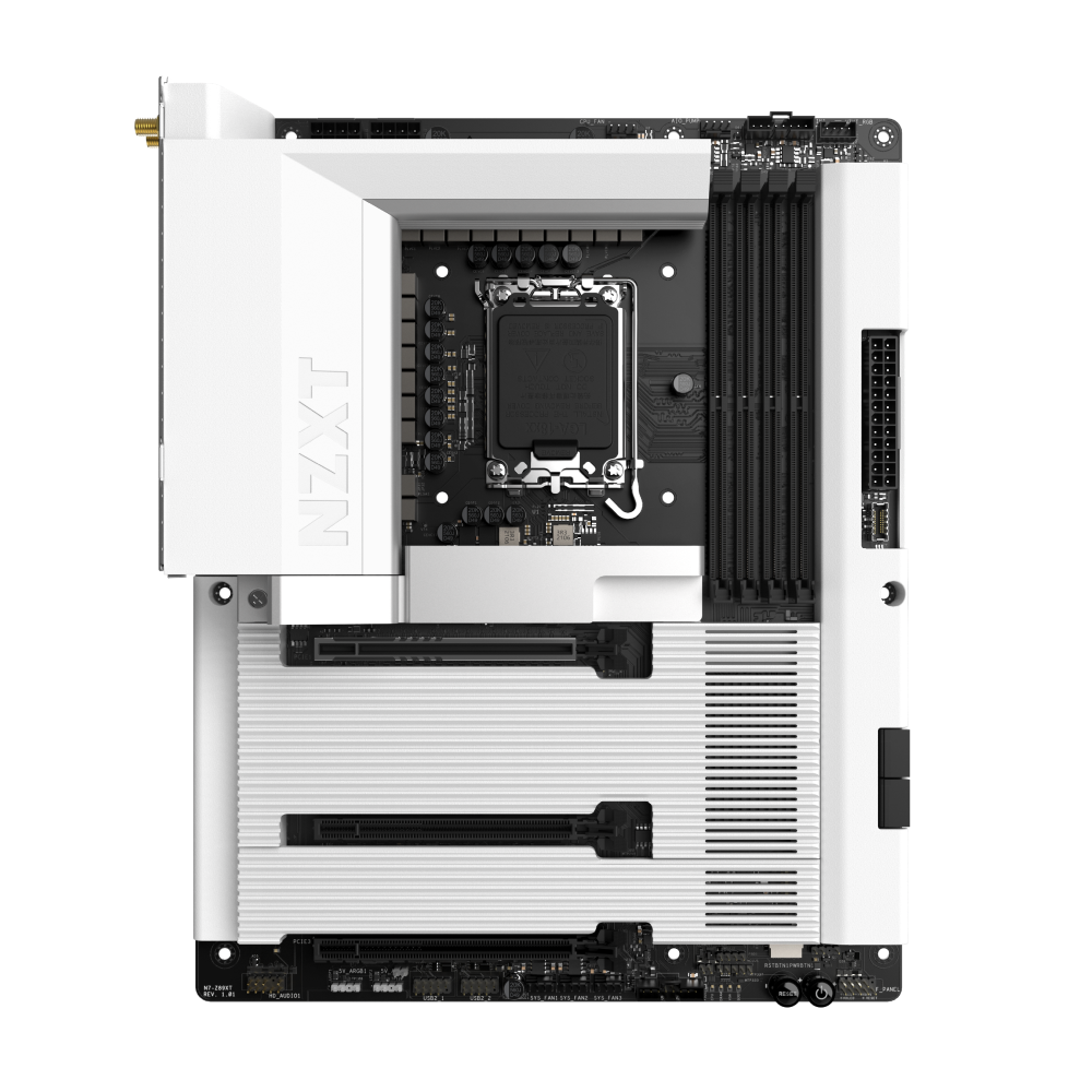 The NZXT N7 Z890 is a white motherboard with black and silver details, PCIe 5.0 slots, and support for Intel Core Ultra processors—perfect for advanced gaming—shown from above on a plain background.