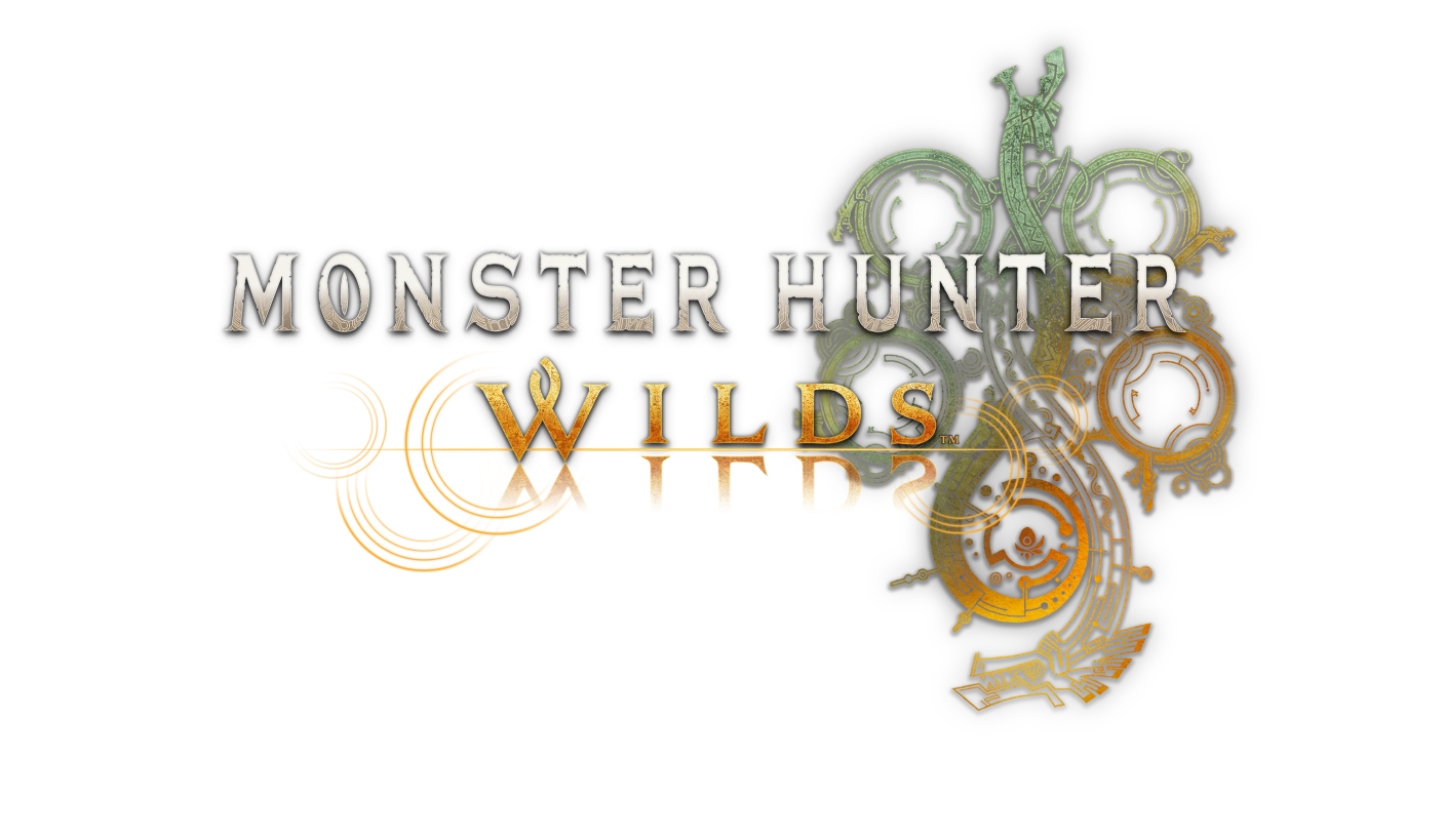 The image features the Monster Hunter Wilds logo with intricate golden and green circular designs on a black background, and the word WILDS reflected upside down beneath it.