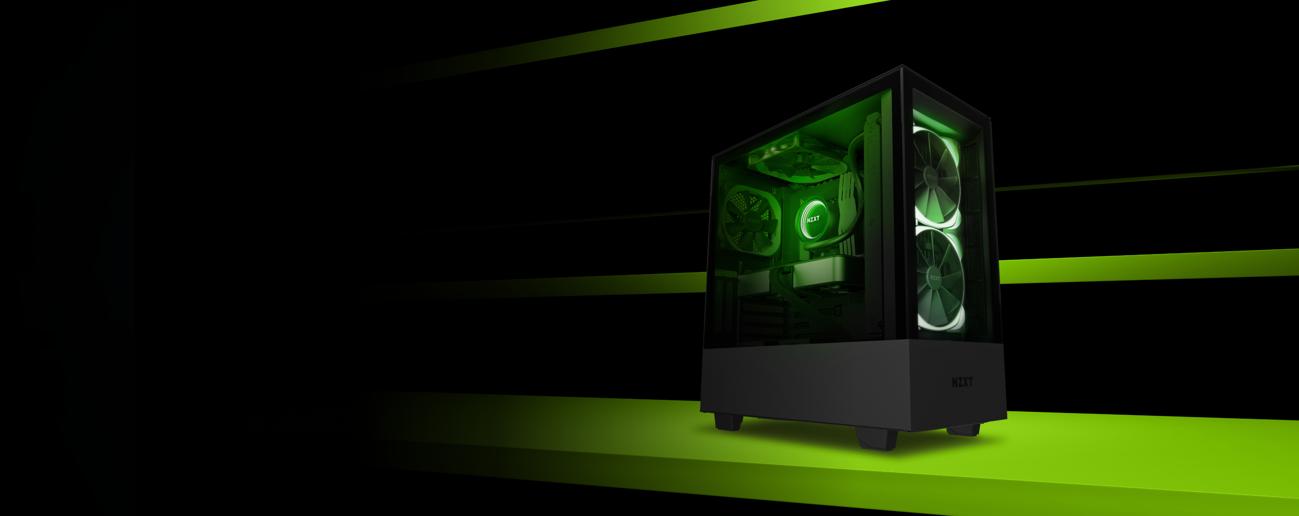 A sleek black gaming PC with green LED lighting is displayed on a glowing green surface with diagonal green lines on a dark background. The computers interior components and fans are visible through a glass side panel.