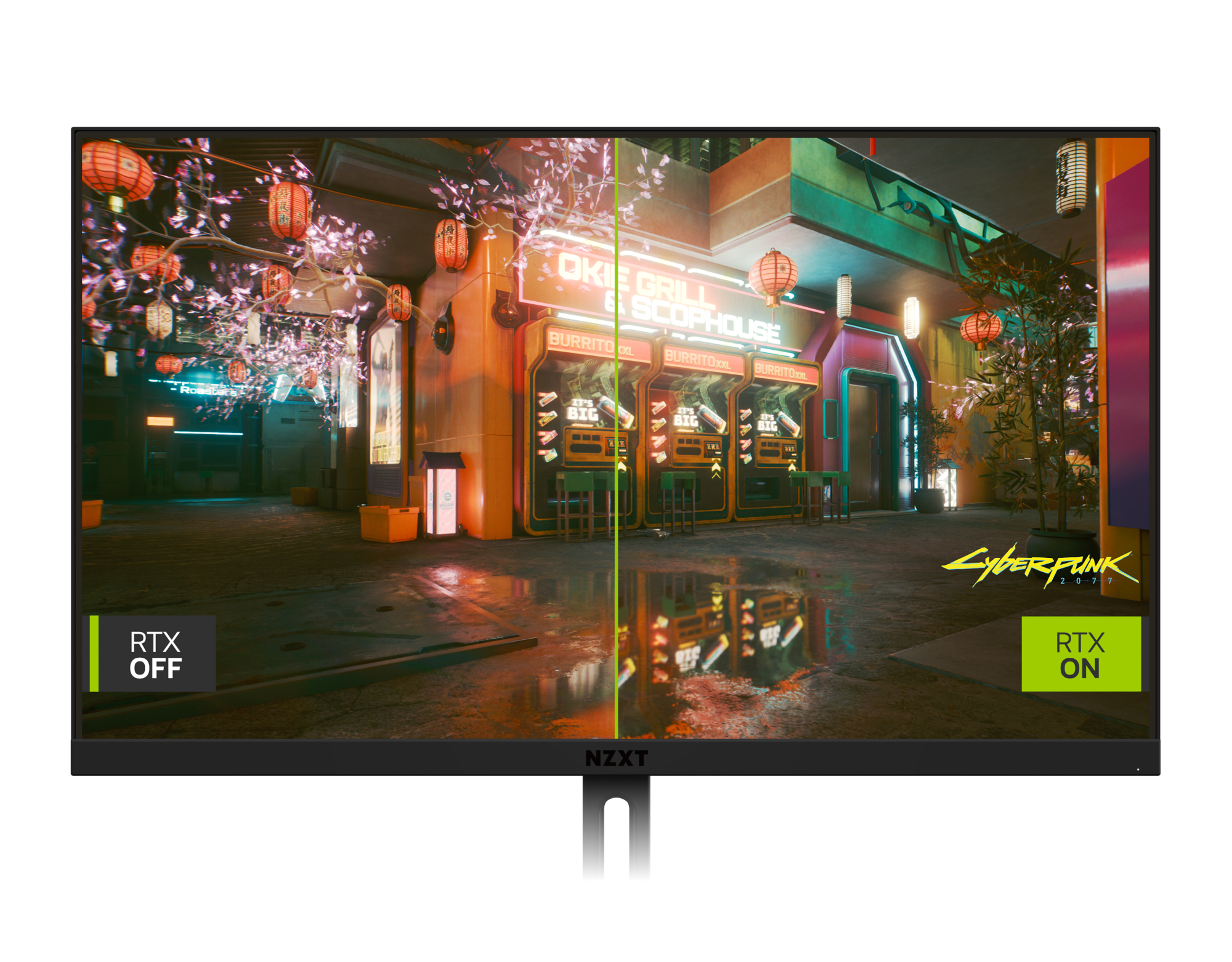 A computer monitor displays a split screen of the game Cyberpunk 2077, comparing graphics with RTX off (left side, less vibrant) and RTX on (right side, brighter and more detailed reflections).