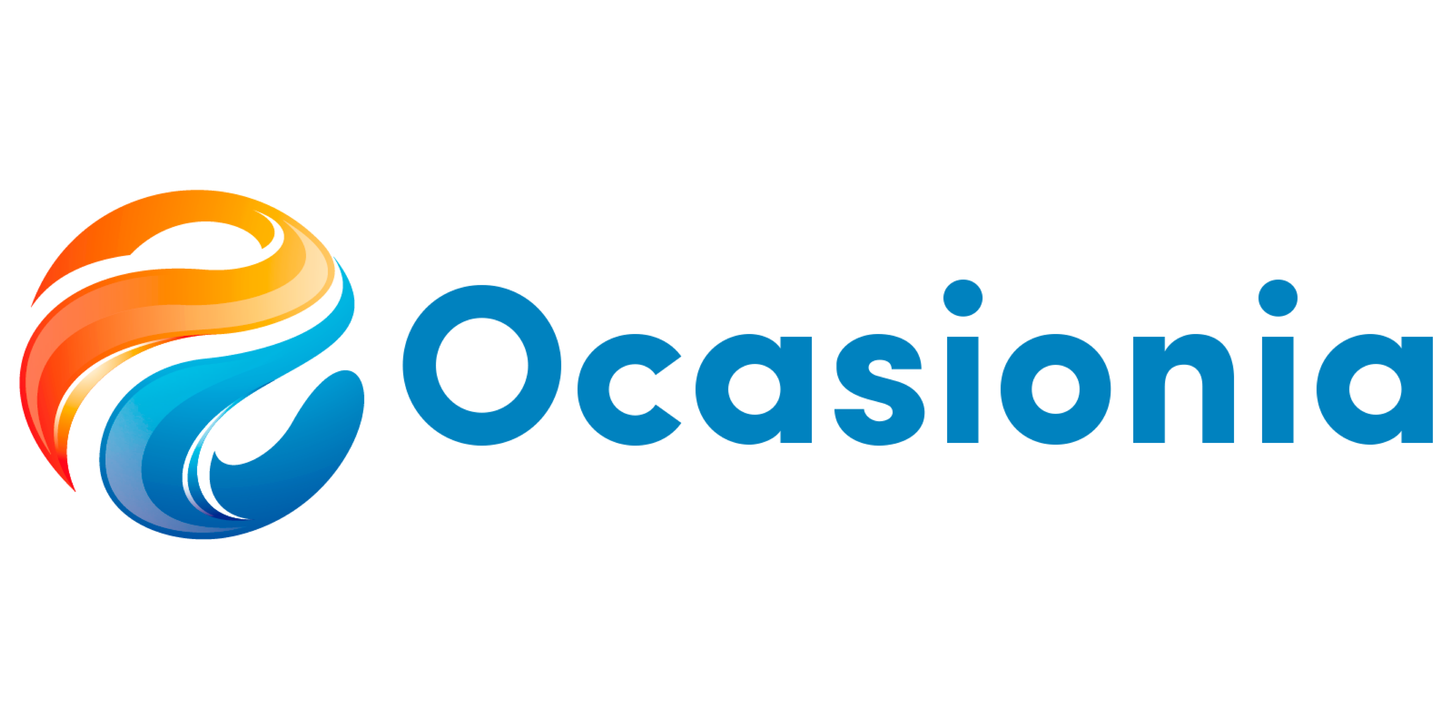 Logo with the word Ocasonia in blue bold font. To the left, there is a circular abstract design with orange, yellow, and blue swooshes, resembling a stylized wave or swirl. The background is white.