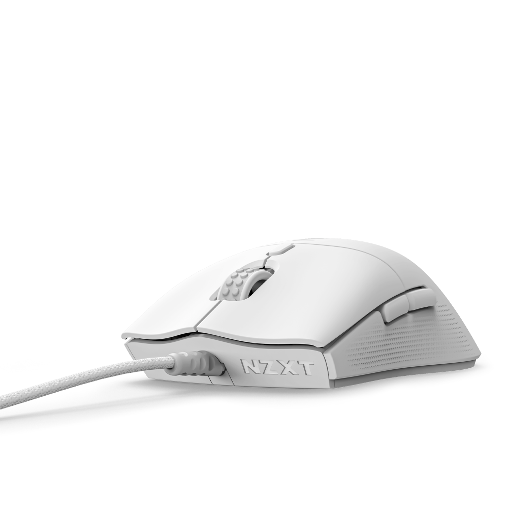 The NZXT Lift 2 Symm is a white wired computer mouse with the NZXT logo, side buttons, textured scroll wheel, and a precise 26,000 DPI sensor, shown on a plain white background.