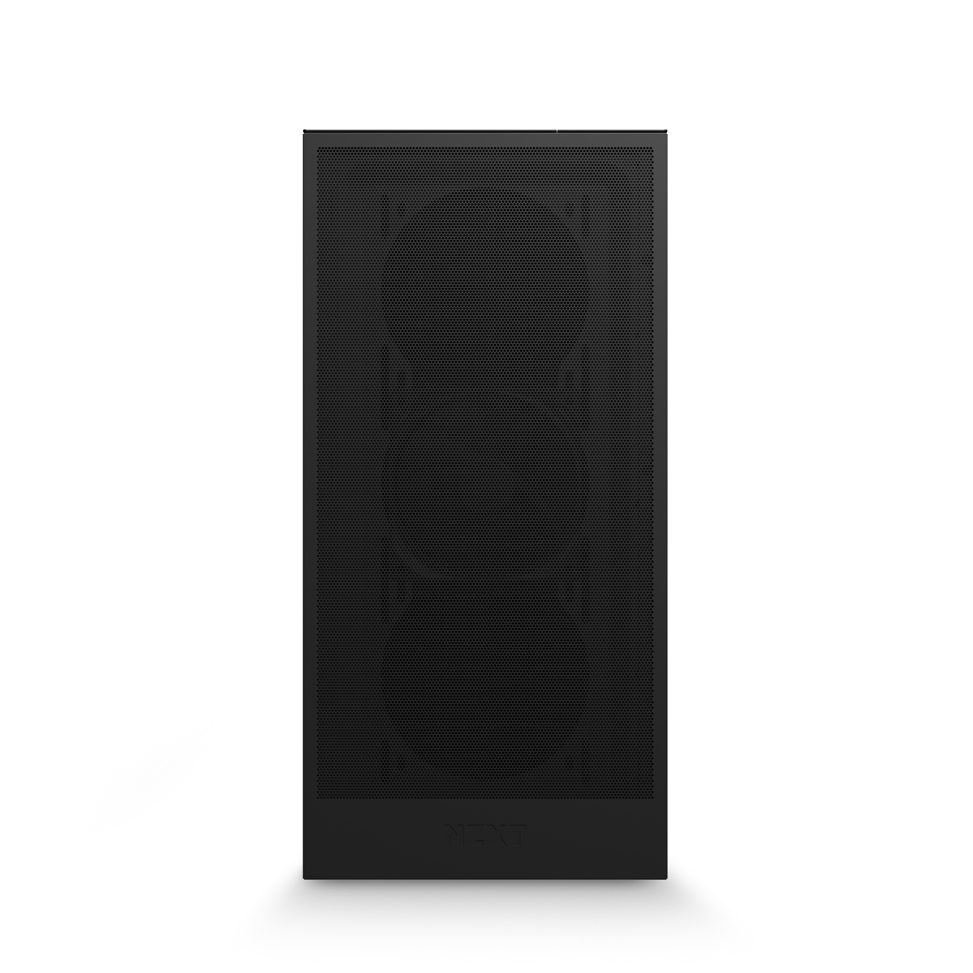 Front view of the NZXT Player One, a black rectangular gaming PC case with mesh front panel and three visible fan outlines. The NZXT logo is near the bottom—perfect for setups with NVIDIA GeForce RTX or Intel Core i5-14400F.