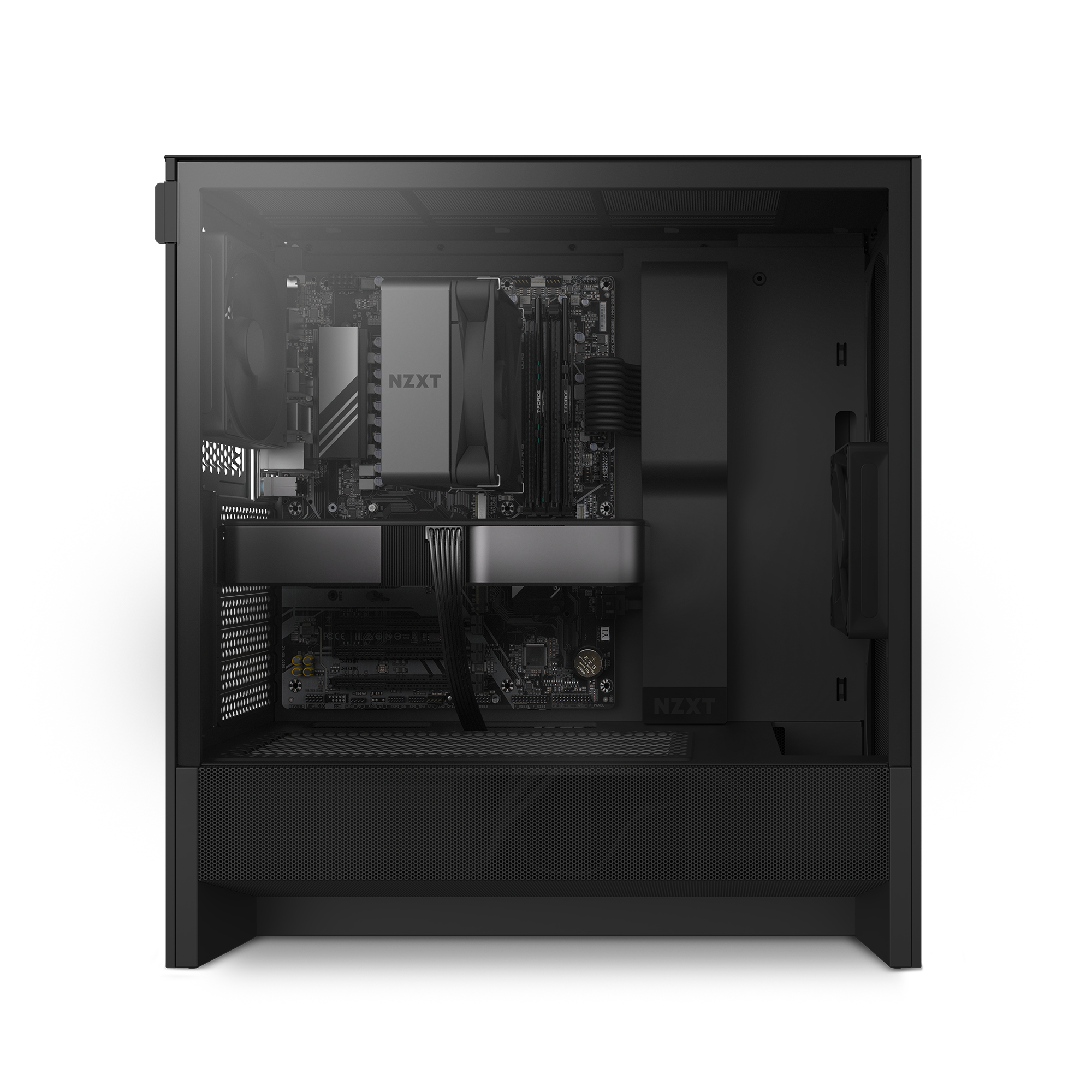 A side view of the NZXT Player One gaming PC case with the side panel removed, revealing neatly managed cables and internal components like the motherboard, NVIDIA GeForce RTX graphics card, CPU cooler, and power supply.