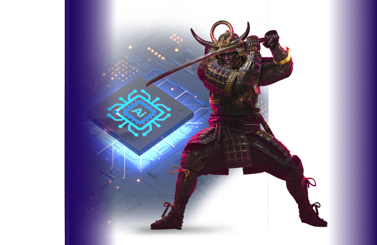 A samurai in traditional armor wields a katana in front of a glowing AI microchip on a digital circuit board background.