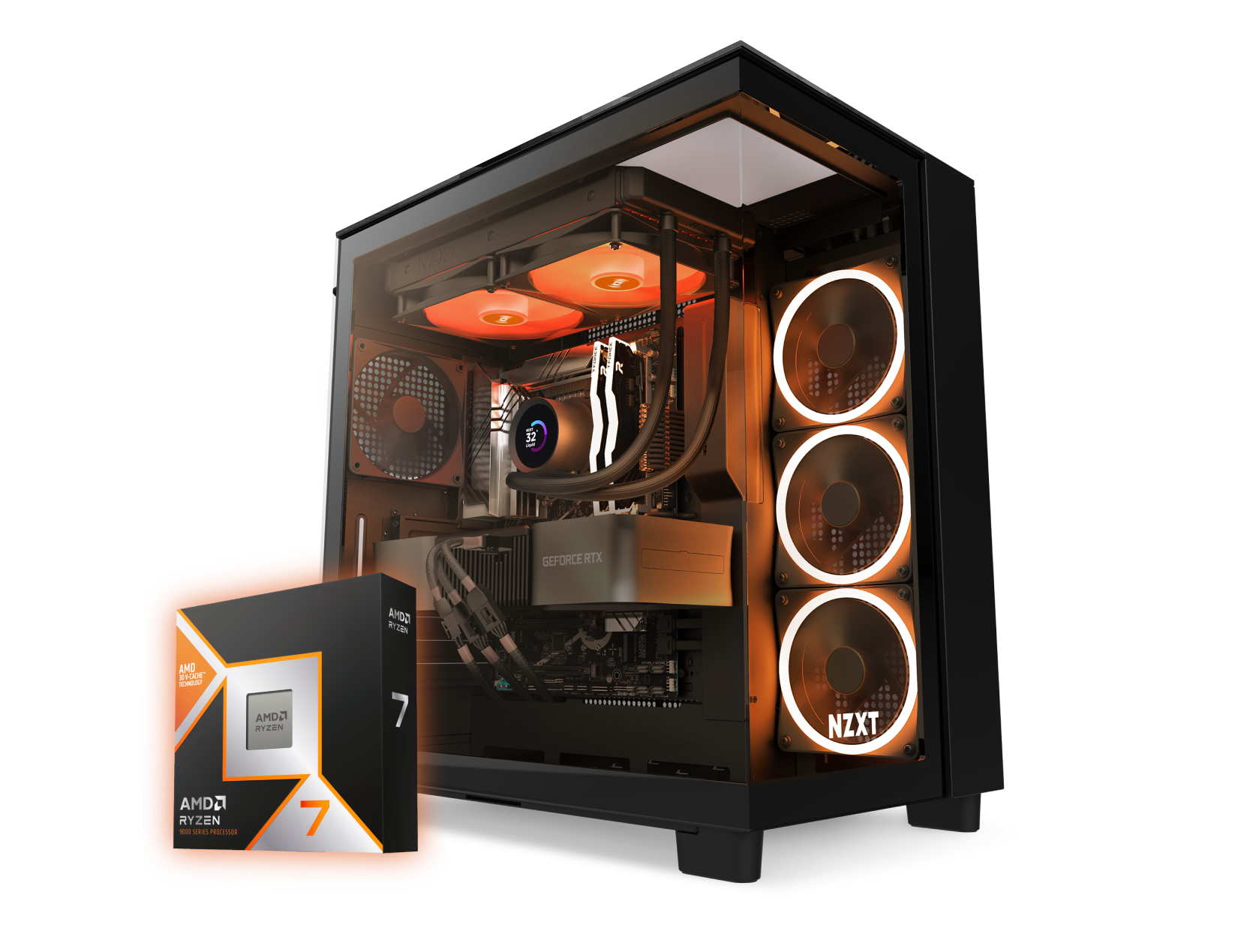 A black NZXT gaming PC case with orange and white LED fans and liquid cooling is shown next to an AMD Ryzen 7 processor box.