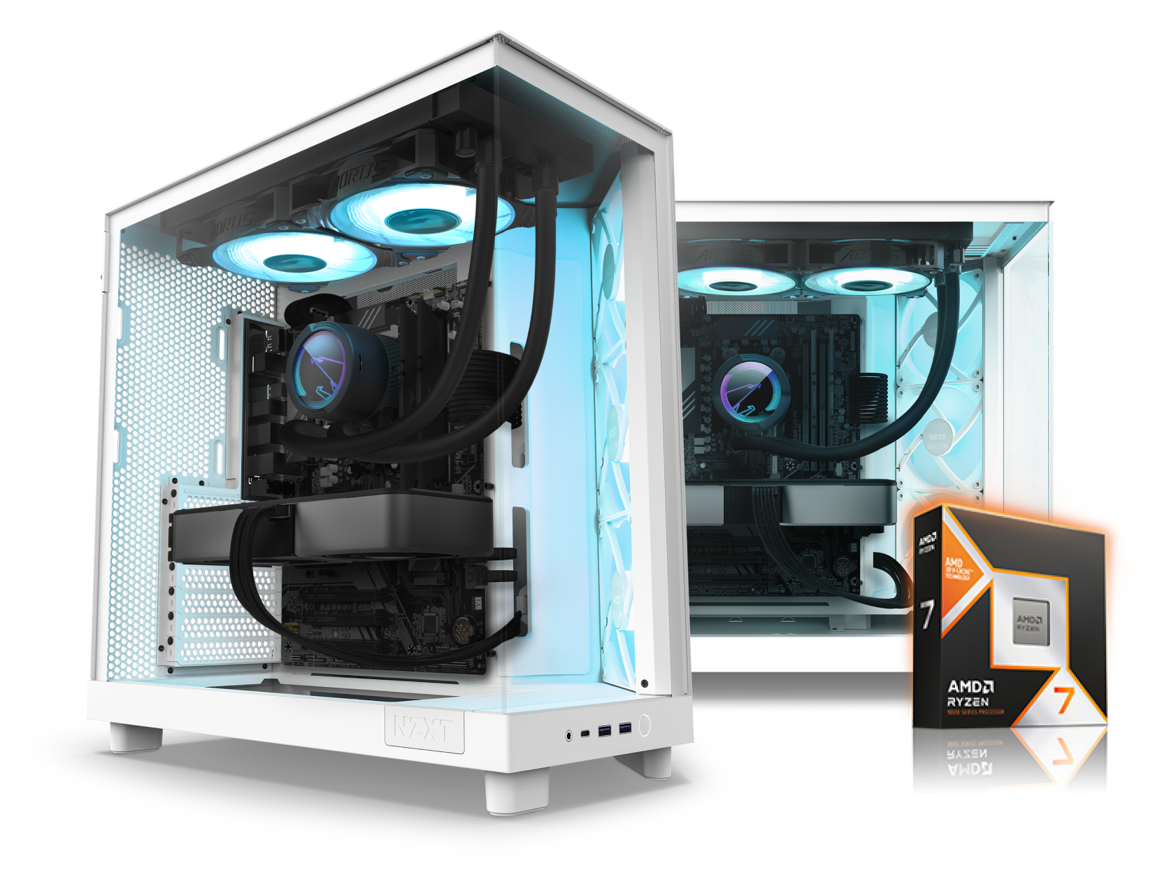 A white gaming PC with blue LED lighting inside, displayed at an angle. Next to it is an AMD Ryzen 7 processor box, suggesting the type of CPU used in the computer build.