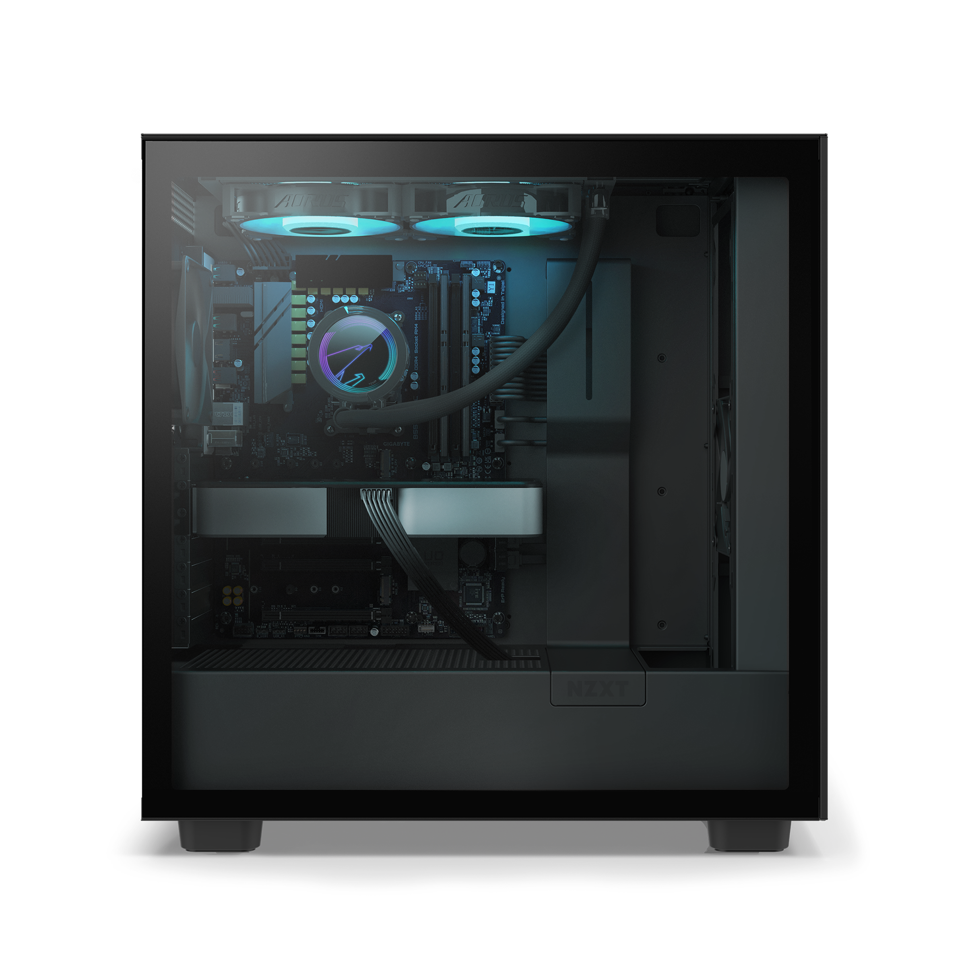 A black desktop gaming PC with a transparent side panel displays internal components, including RGB-lit cooling fans, a graphics card, and neatly managed cables.