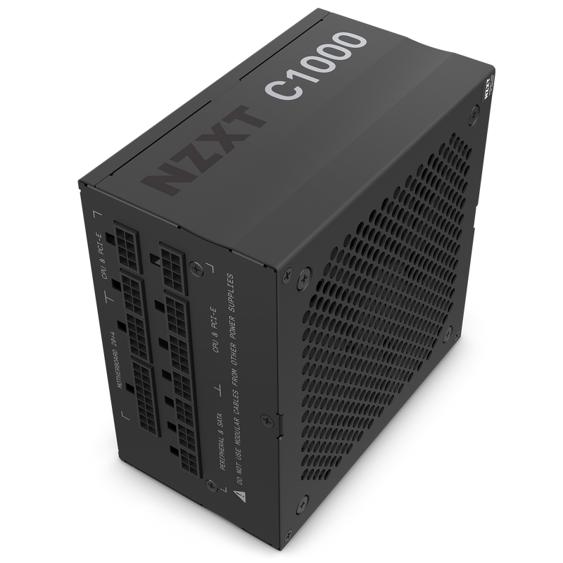 The NZXT C1000 Gold (2022) power supply features labeled modular ports and a ventilated side panel, shown angled on a transparent background—providing reliable 1000W power for gaming PCs or NVIDIA RTX 3090 builds.
