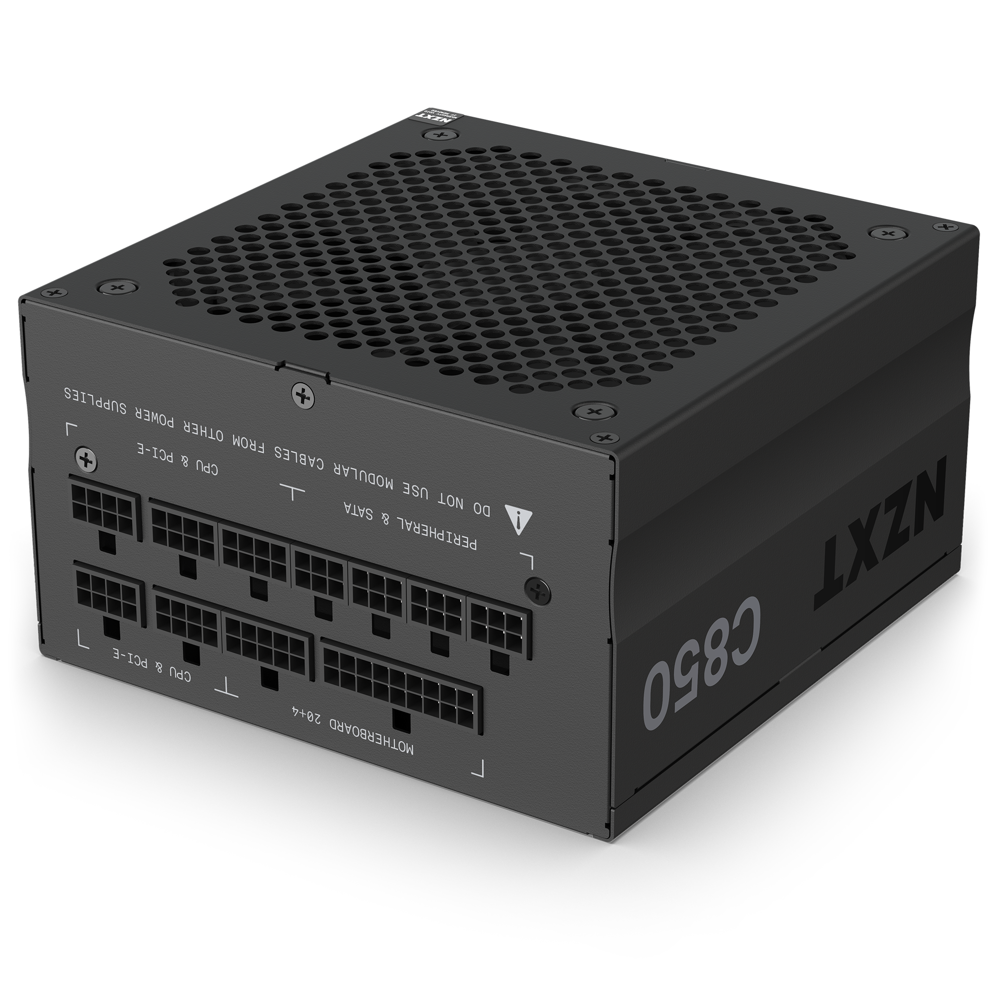 The NZXT C850 Gold (2022) is a black, fully modular power supply with multiple cable ports, top ventilation holes, and clear side labeling.