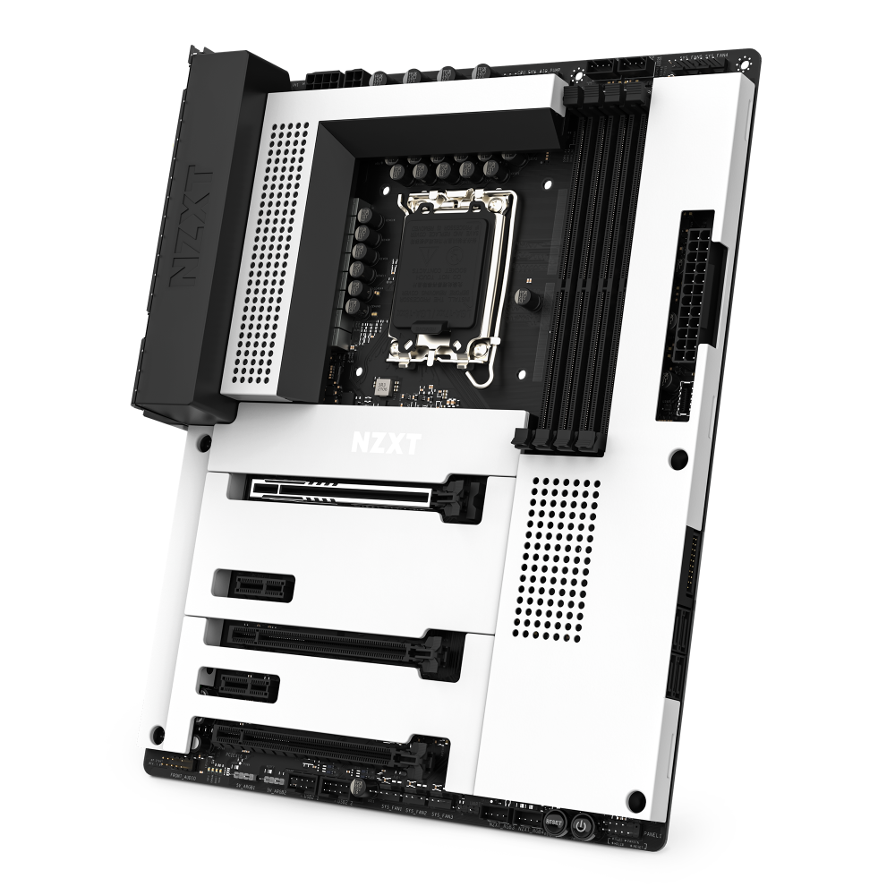 The NZXT N7 Z790 motherboard in black and white is shown at an angle, highlighting its PCIe and RAM slots, large heatsink, NZXT logo on the cover, and compatibility with NZXT CAM for easy customization.