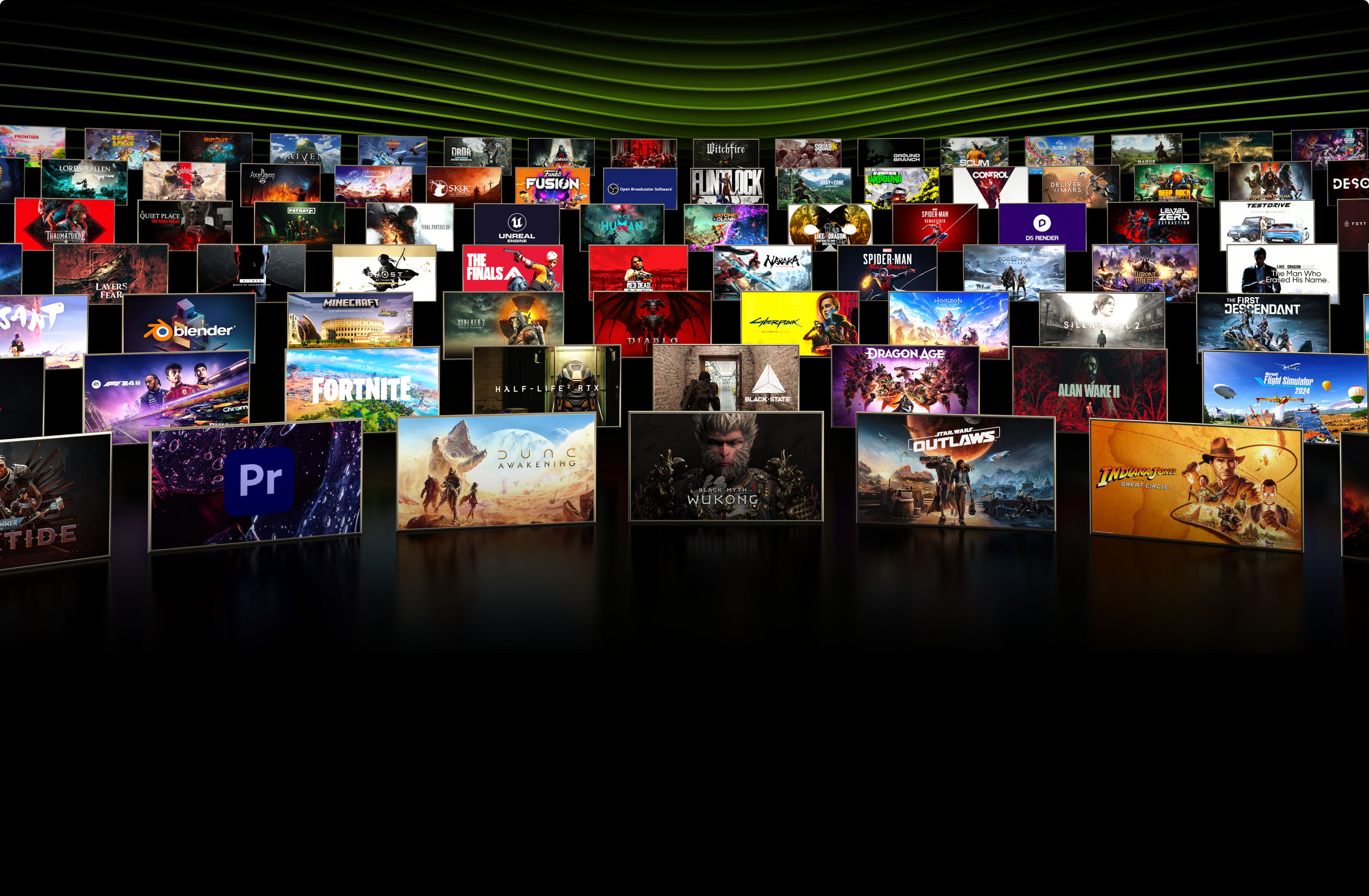 A large collage of video game and software box art, including titles like Fortnite, Cyberpunk 2077, Blender, Adobe Premiere Pro, and others, displayed on virtual shelves with a green, futuristic background.