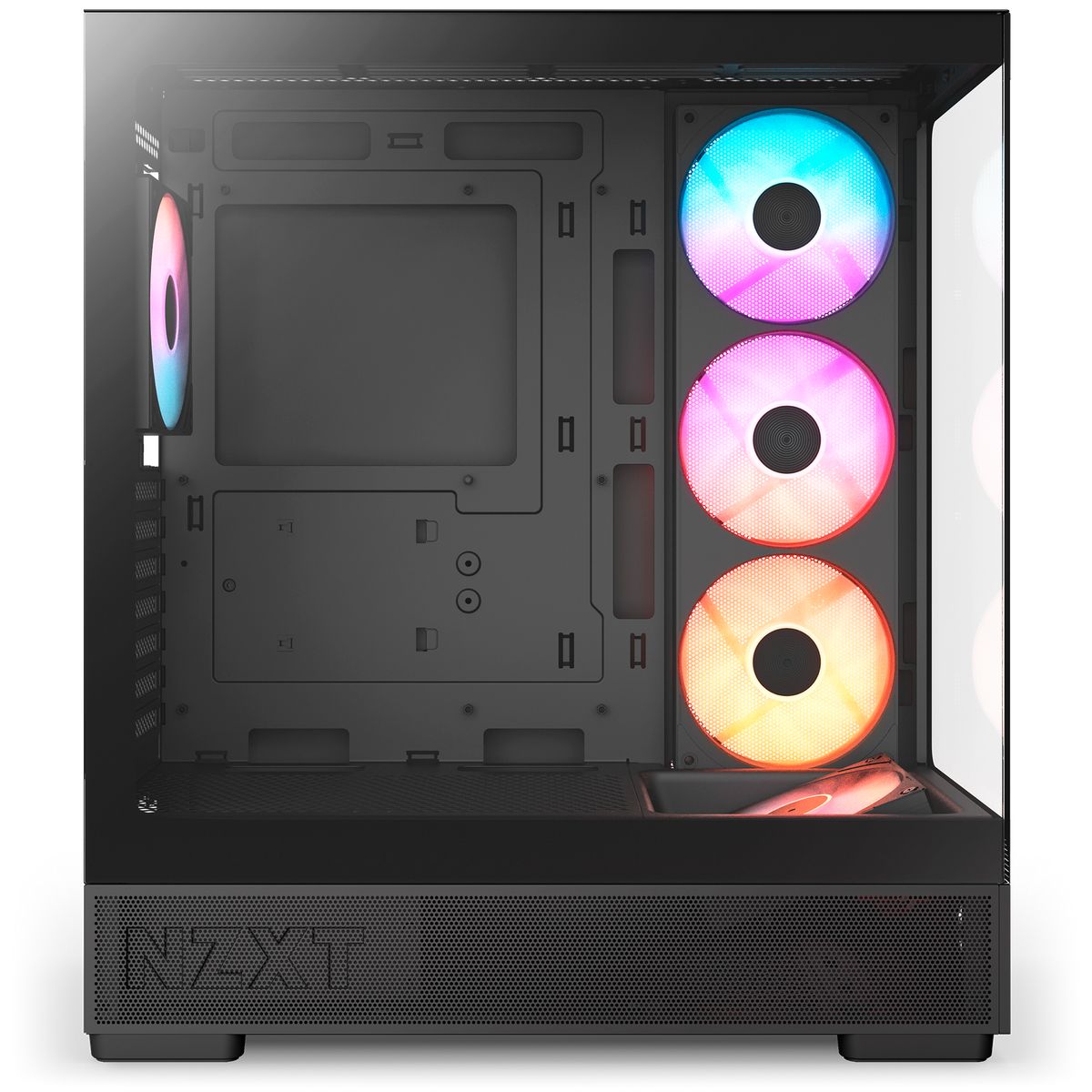 NZXT S5 RGB Deluxe black, left side view through the tempered glass with the side and bottom reverse fans lit