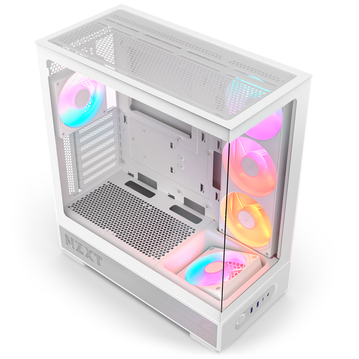 NZXT S5 RGB Deluxe white, overhead view showing the filled side, bottom and rear fan mounts